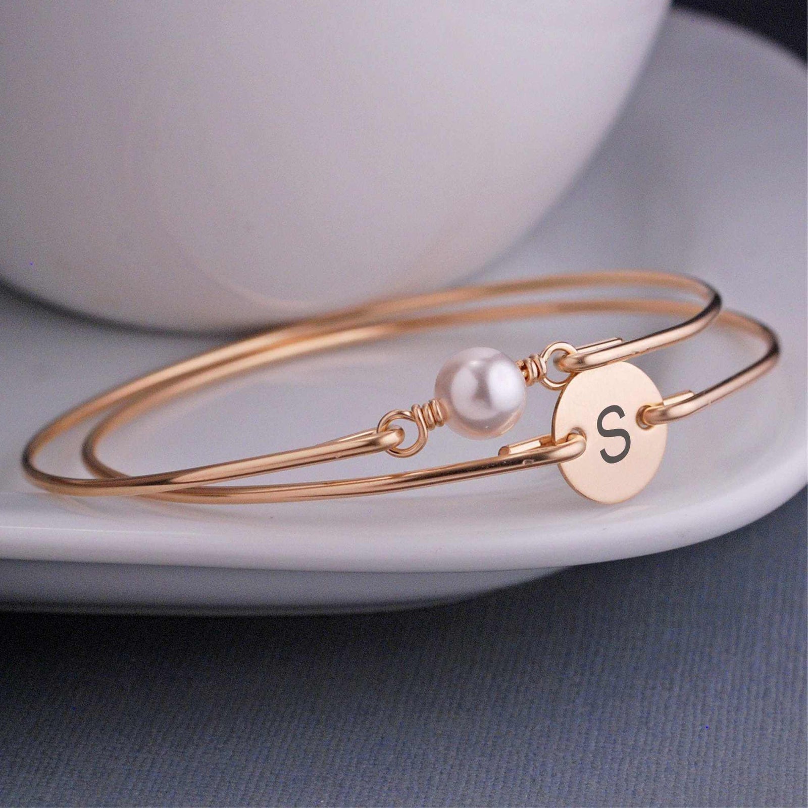 Gold Swarovski Pearl and Gold Initial Bracelet Set