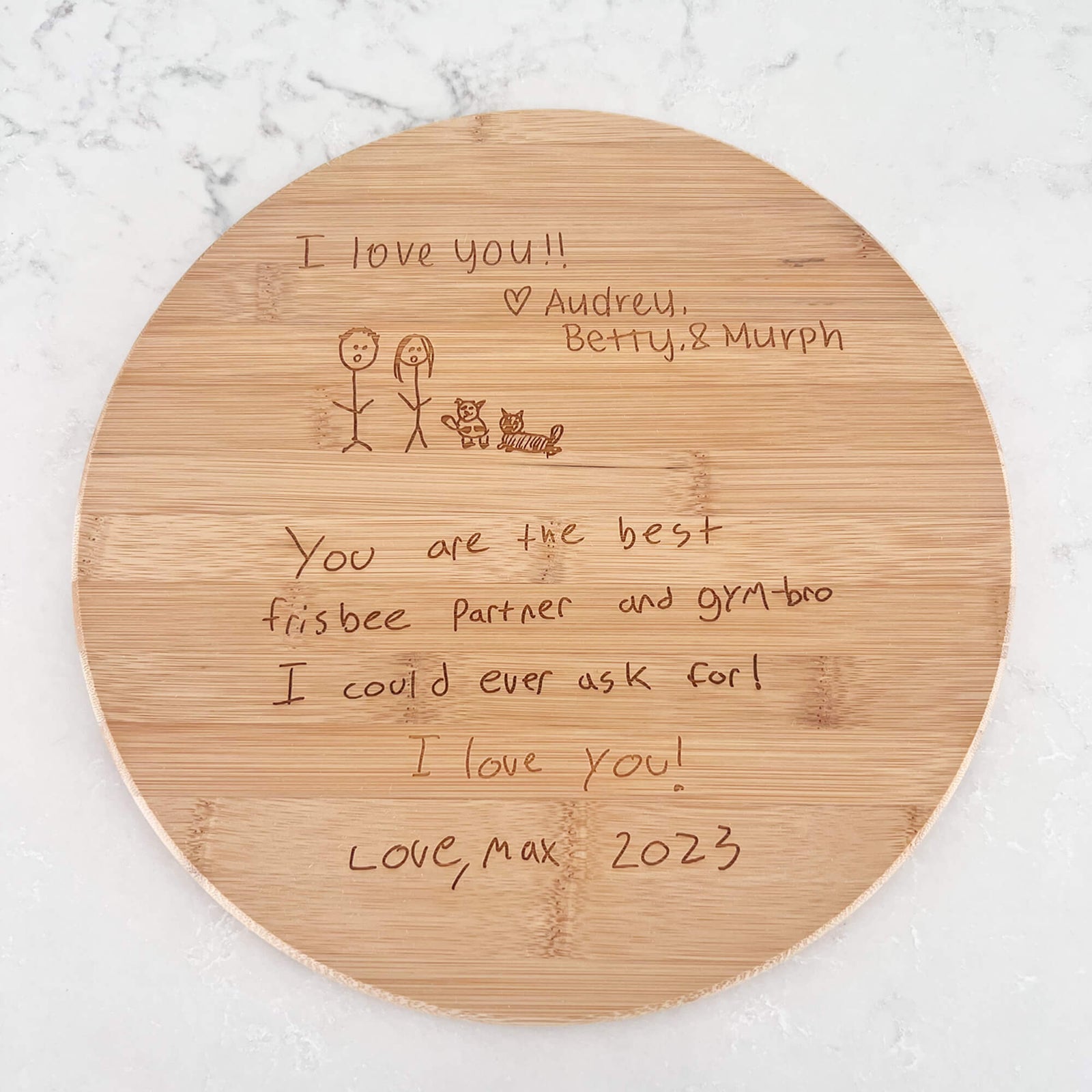 Round Bamboo Charcuterie Board Engraved with Handwriting - 11.75 inch