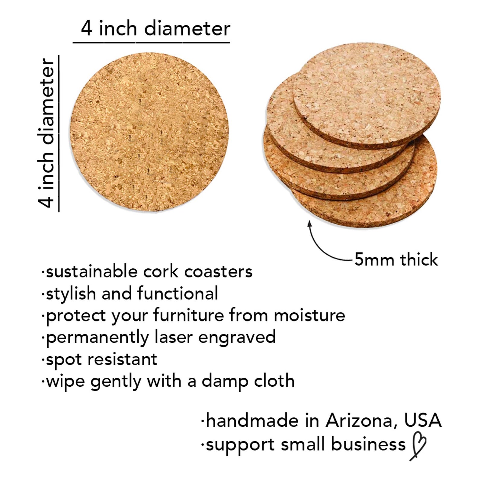 6 Round Coasters with Initial - Cork