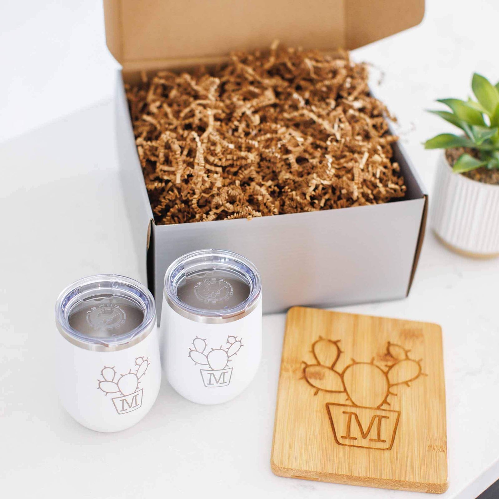 Cactus Tumblers and Bar Board with Initial - 3pc Gift Set