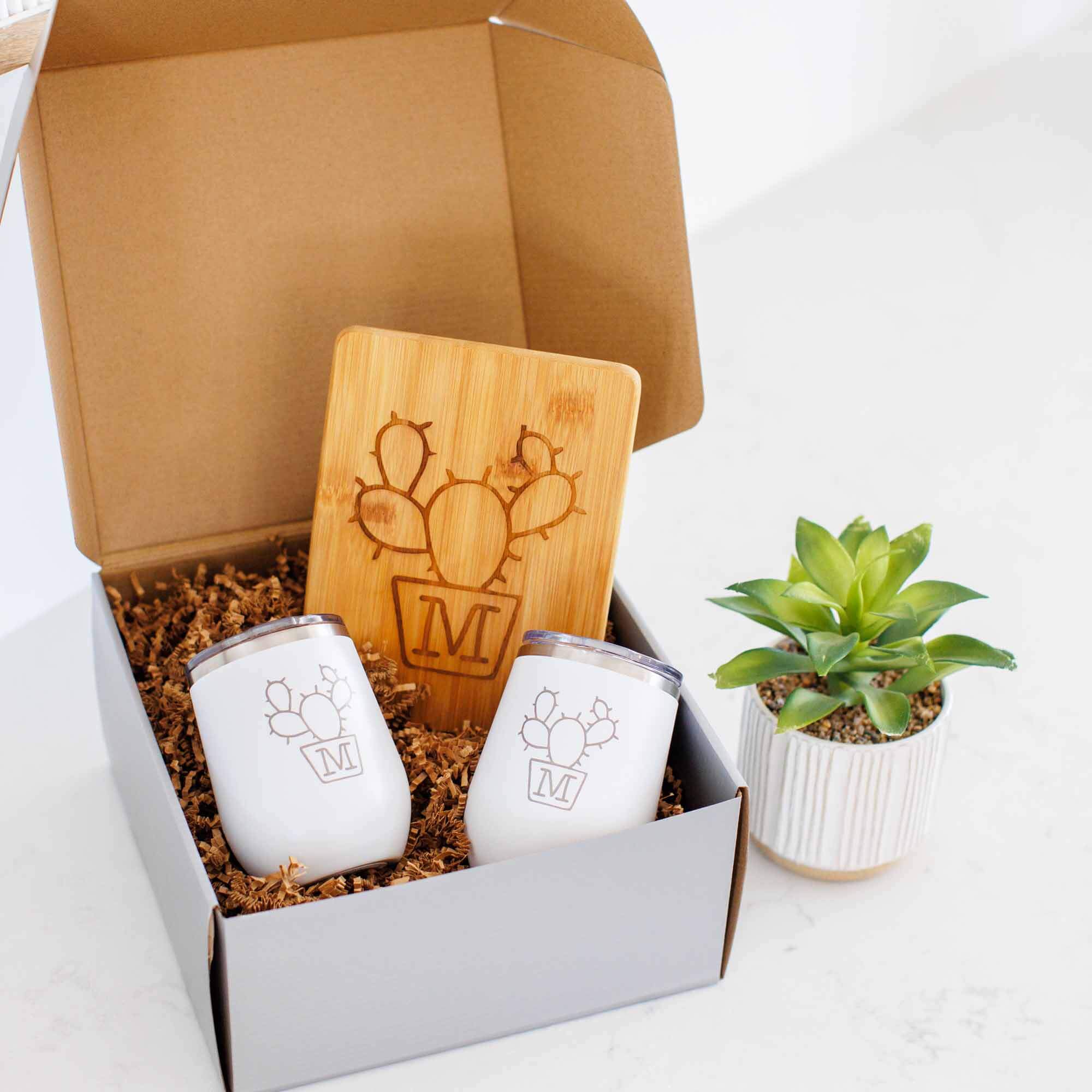 Cactus Tumblers and Bar Board with Initial - 3pc Gift Set