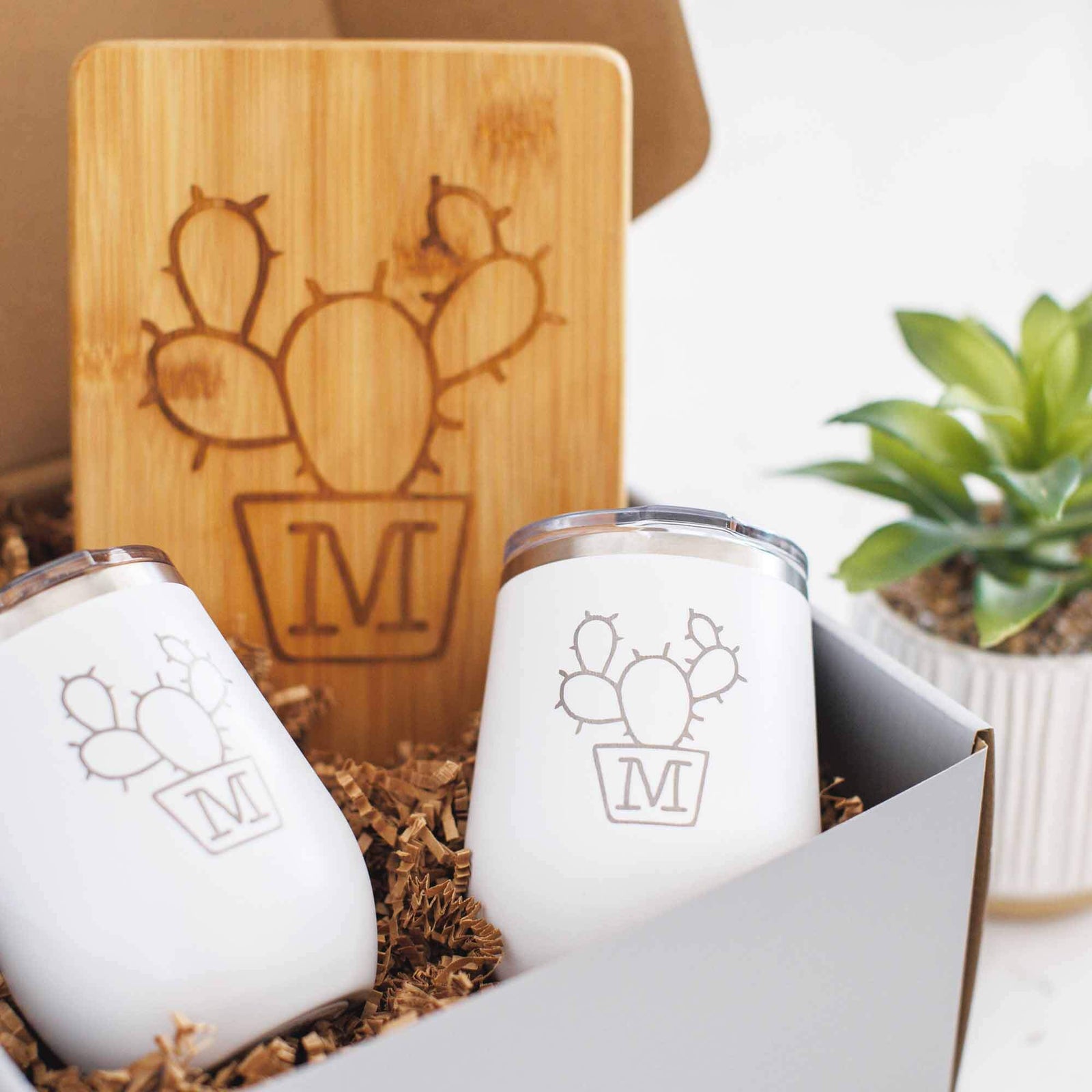 Cactus Tumblers and Bar Board with Initial - 3pc Gift Set