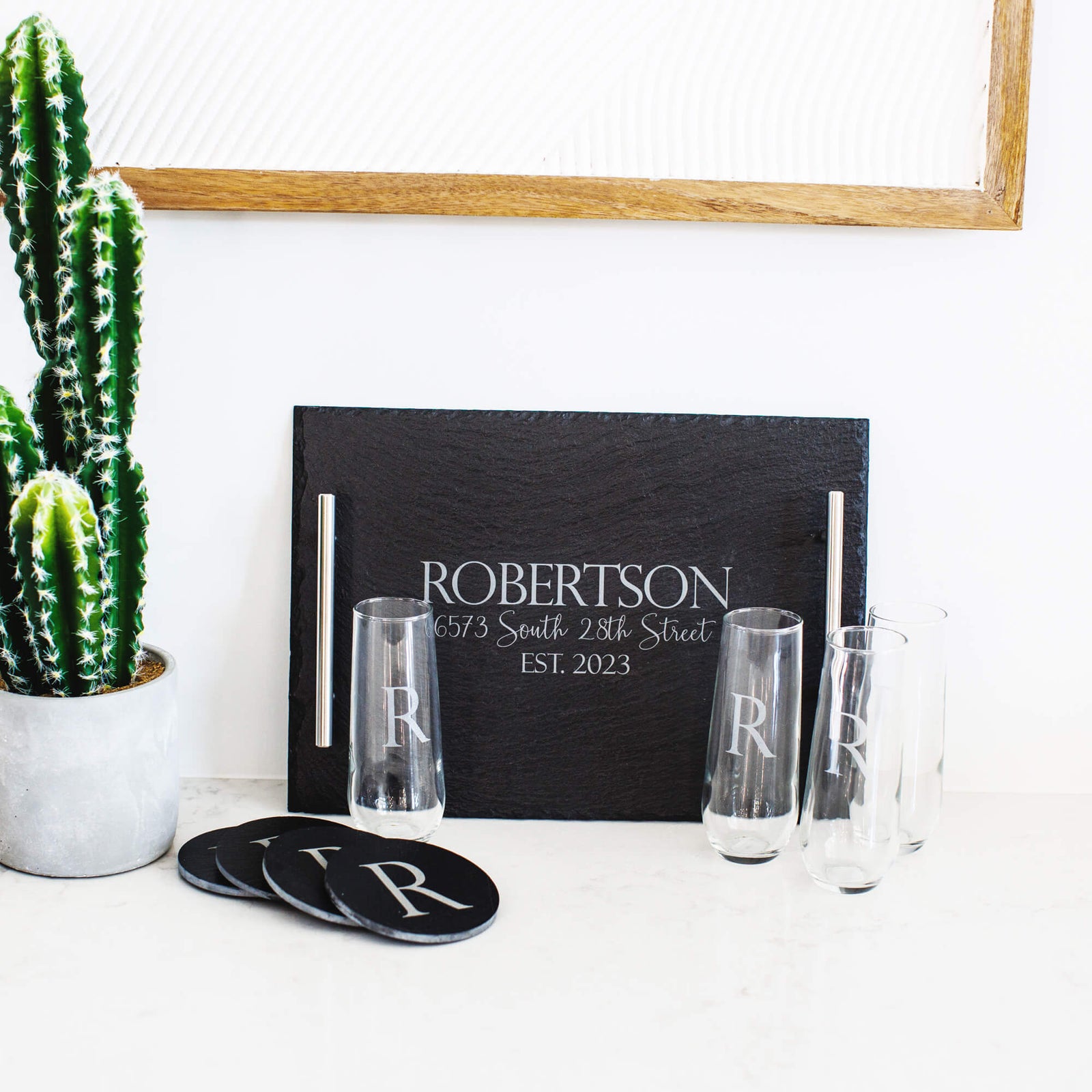 Slate Serving Set and Champagne Glasses - 9 pc Gift Set