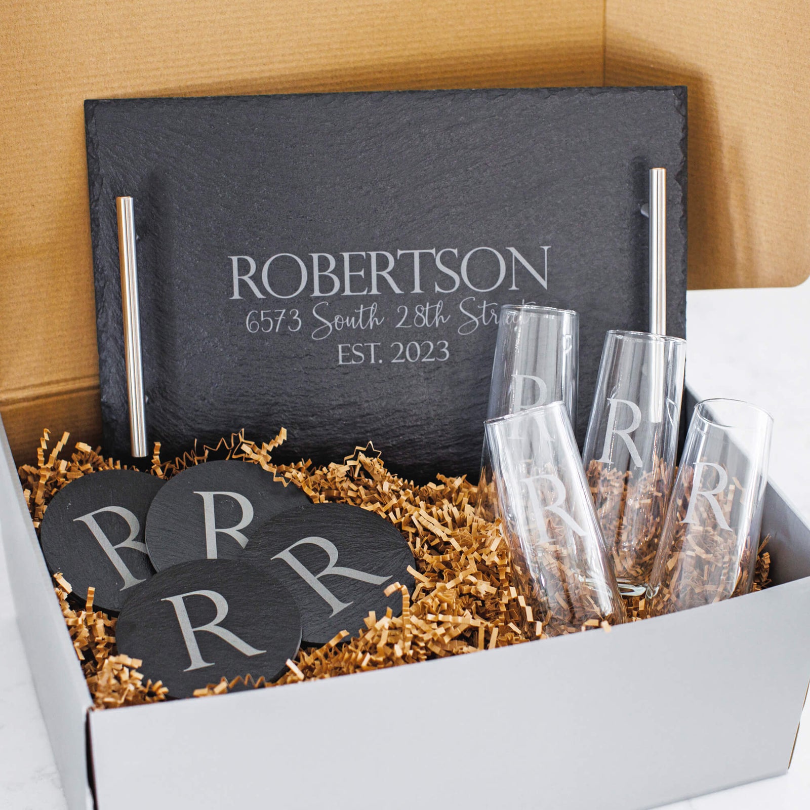 Slate Serving Set and Champagne Glasses - 9 pc Gift Set