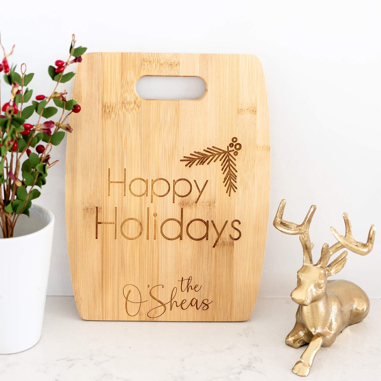 HAPPY HOLIDAYS - Custom Bamboo Charcuterie Board with Last Name