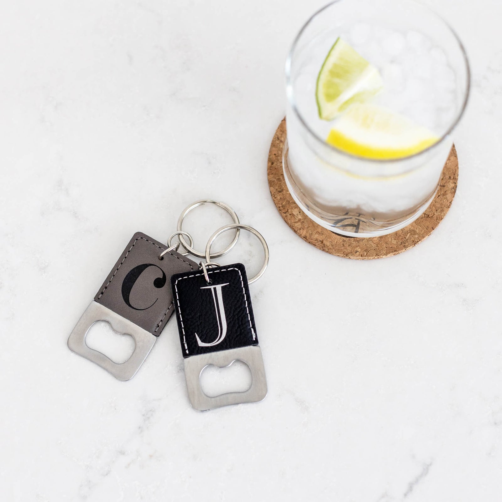 Vegan Leather Bottle Opener Keychain with Initial