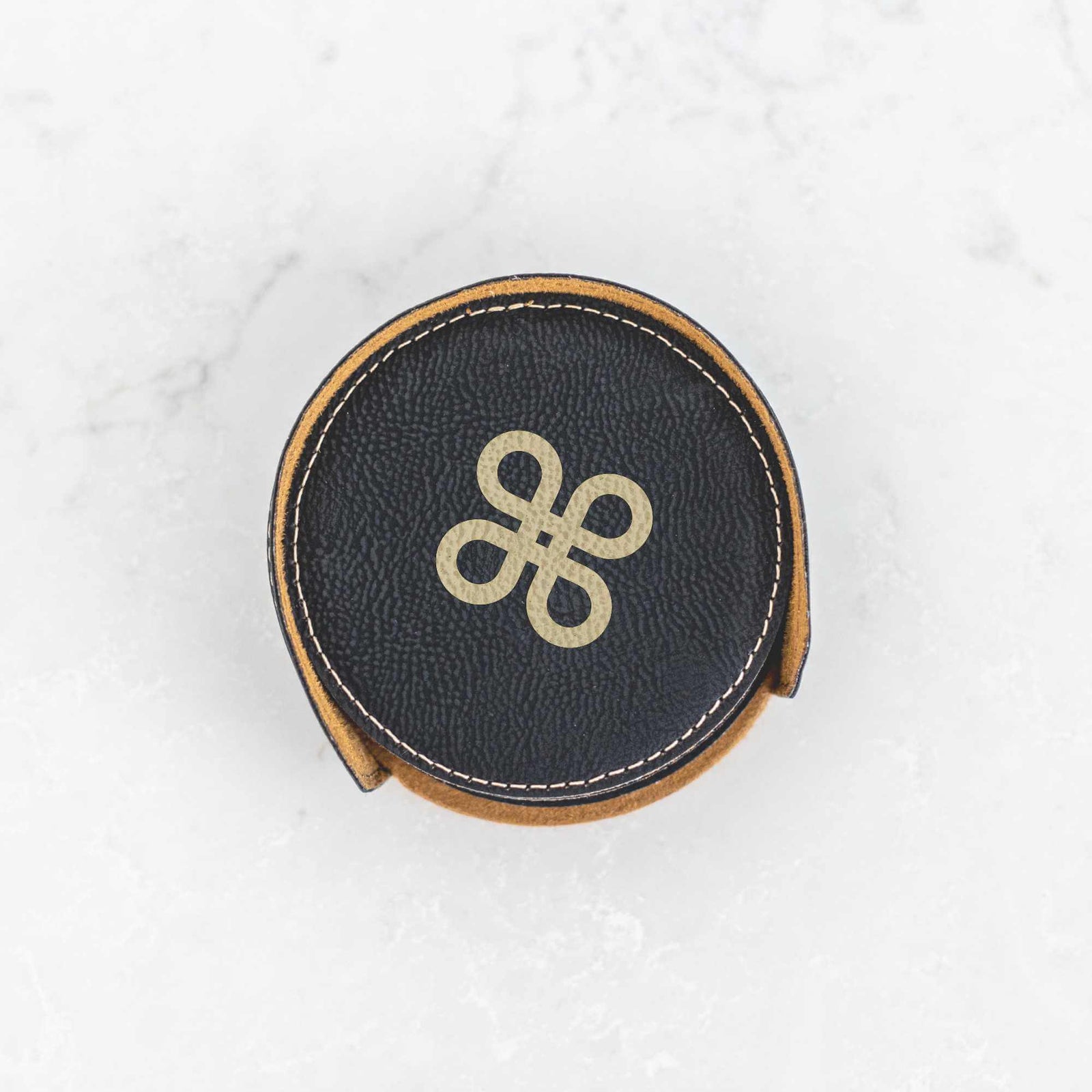 Business Logo Round Vegan Leather Coasters and Holder - set of 6