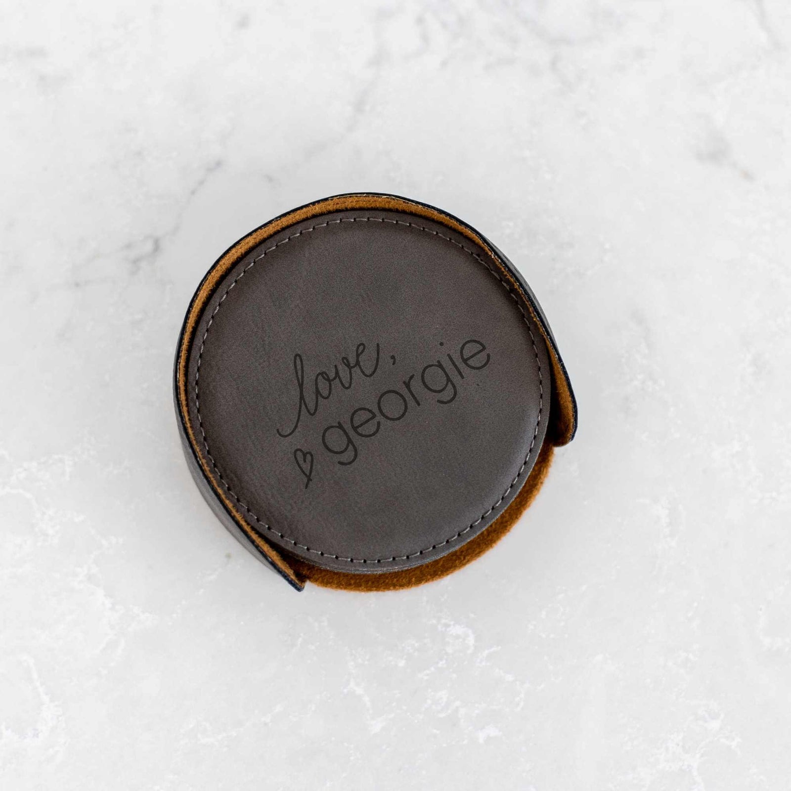 Business Logo Round Vegan Leather Coasters and Holder - set of 6