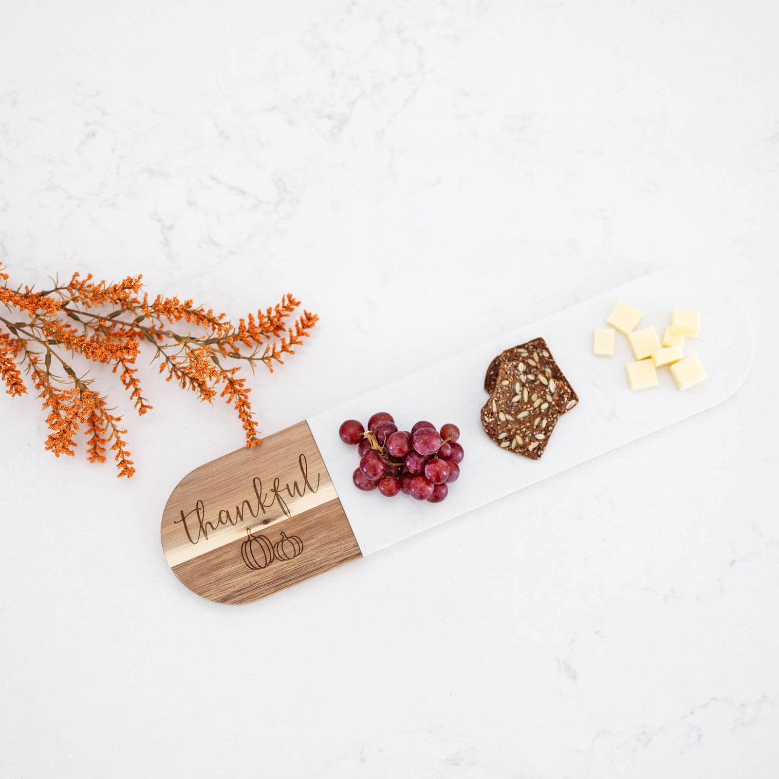 Thankful - Marble & Acacia Oval Charcuterie Board