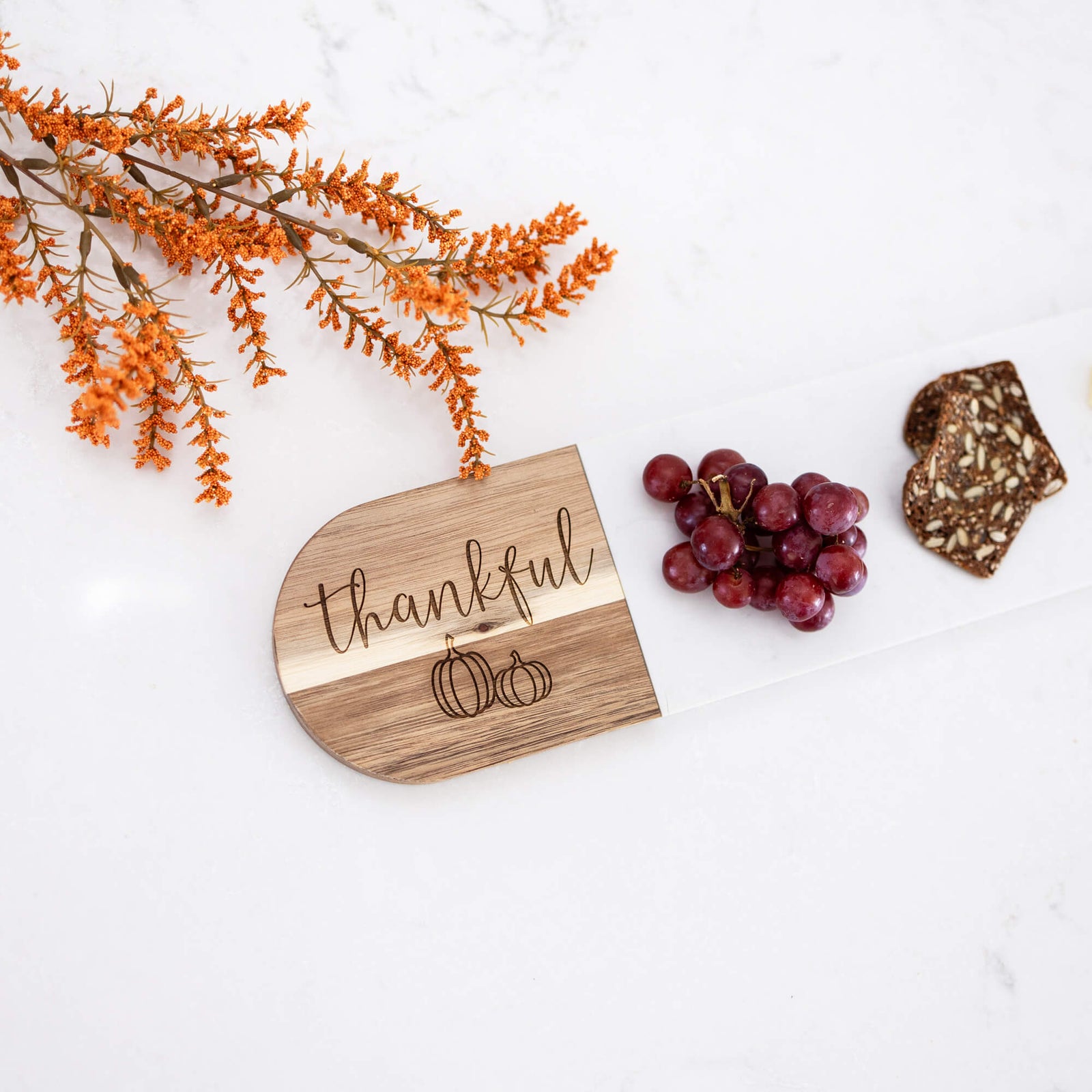 Thankful - Marble & Acacia Oval Charcuterie Board