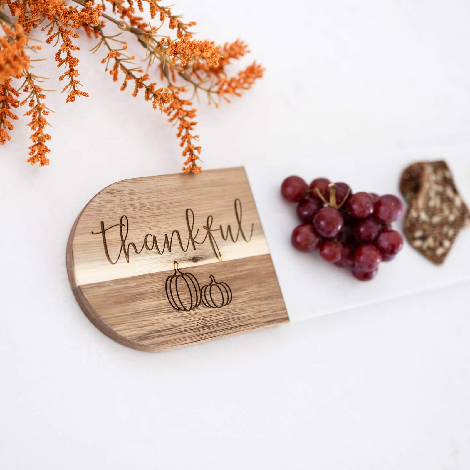 Thankful - Marble & Acacia Oval Charcuterie Board