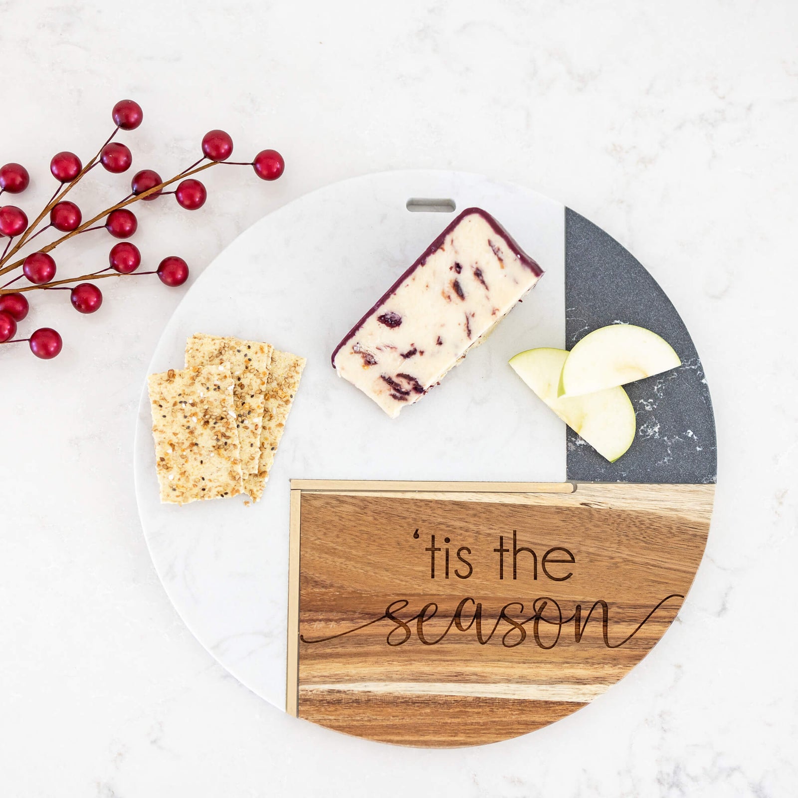 'Tis the Season - Round Marble & Acacia Charcuterie Board