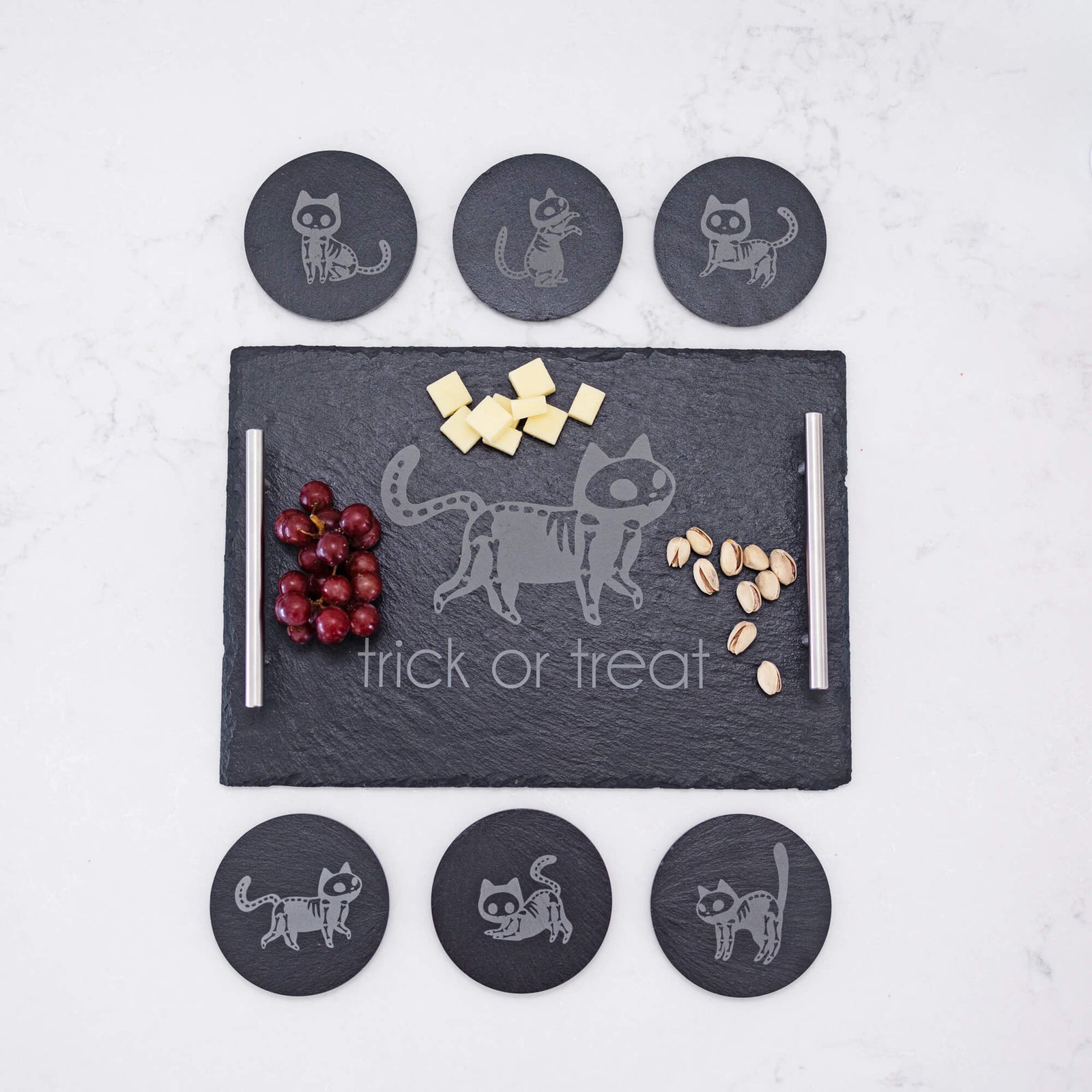 Trick or Treat Skeleton Cat - Slate Charcuterie Board