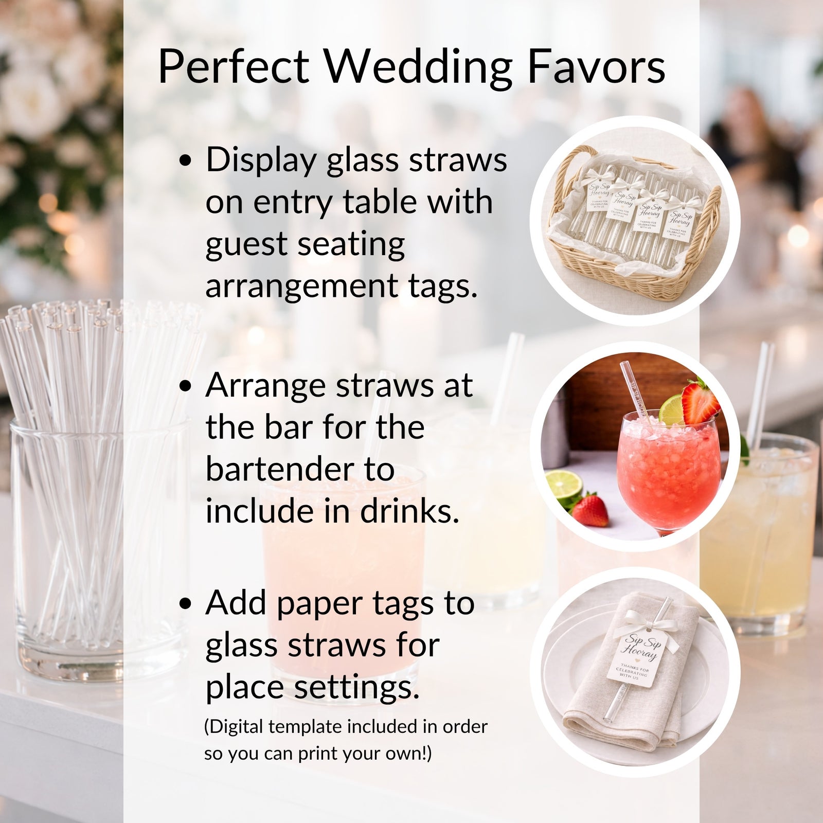 Wedding Favor Glass Straws Sip Sip Hooray