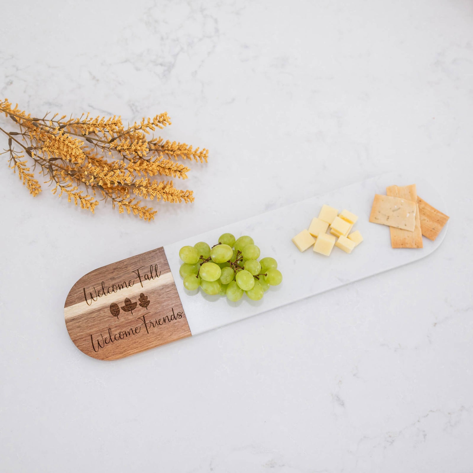 Welcome Fall Welcome Friends - Marble & Acacia Oval Charcuterie Board