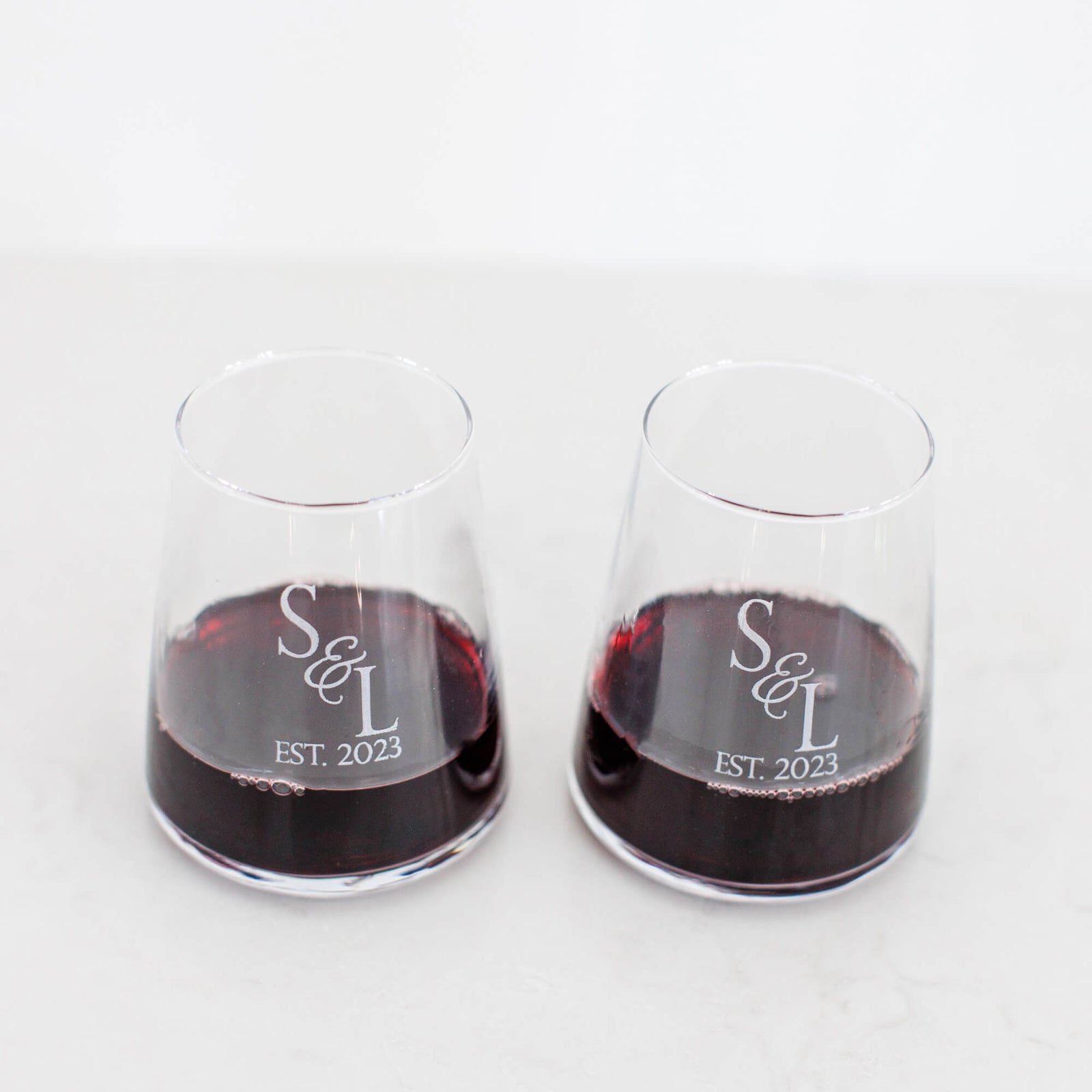 Couple's Set of Modern Wine Glasses with Initials & Date