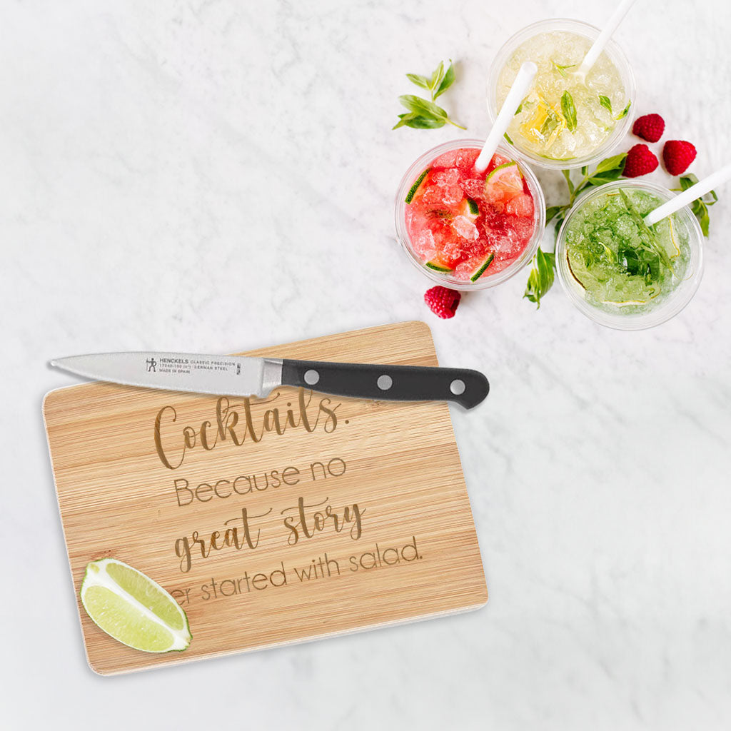 No Great Story Started with Salad - Bamboo Bar Board 6" x 8"