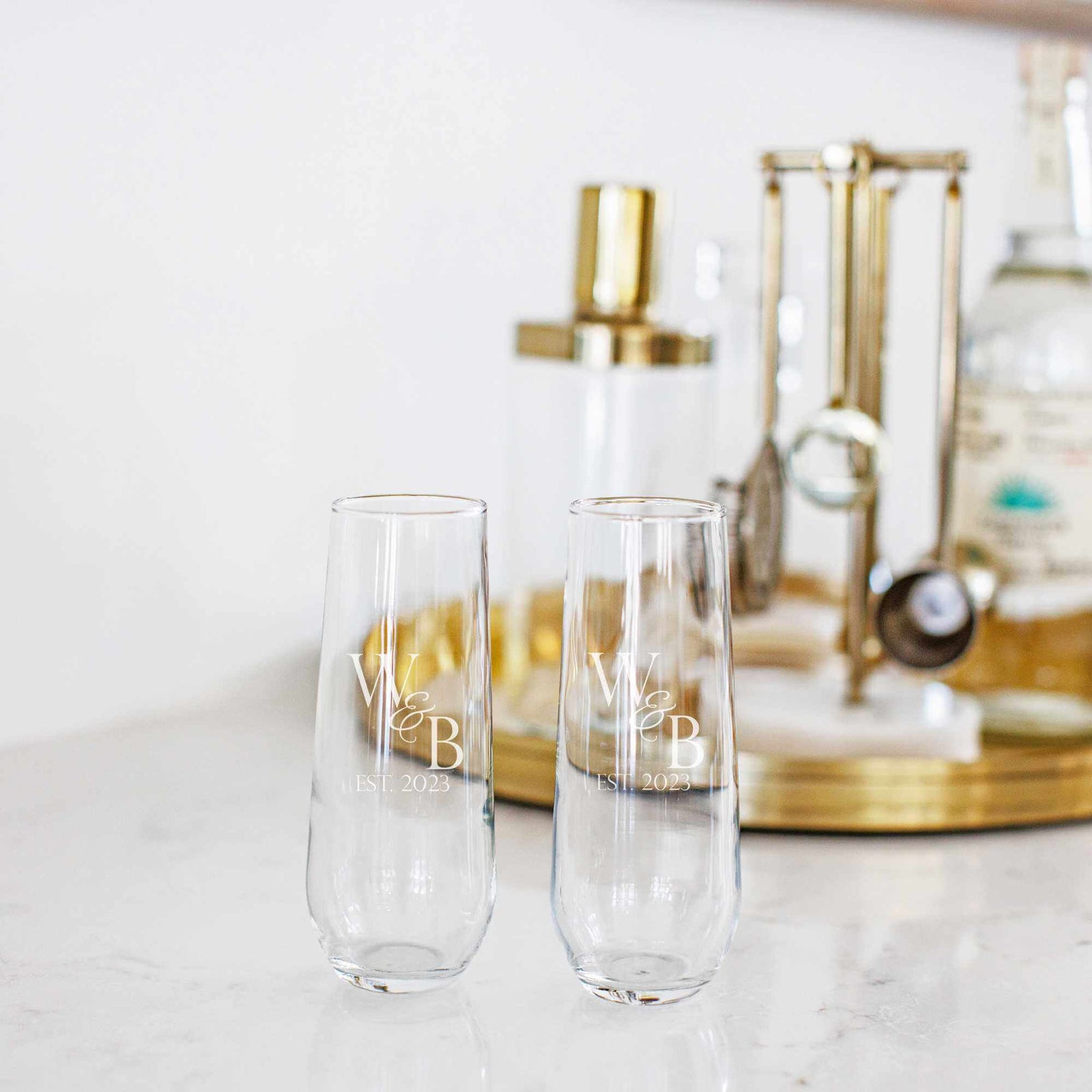 Stemless Champagne Glasses with Couple's Initials & Date