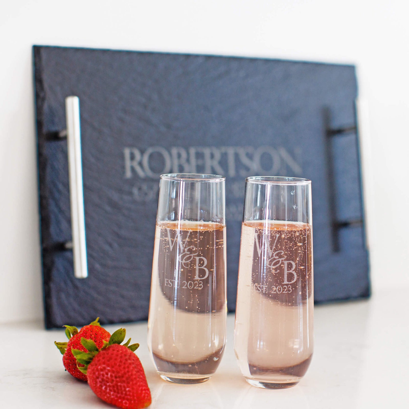 Stemless Champagne Glasses with Couple's Initials & Date