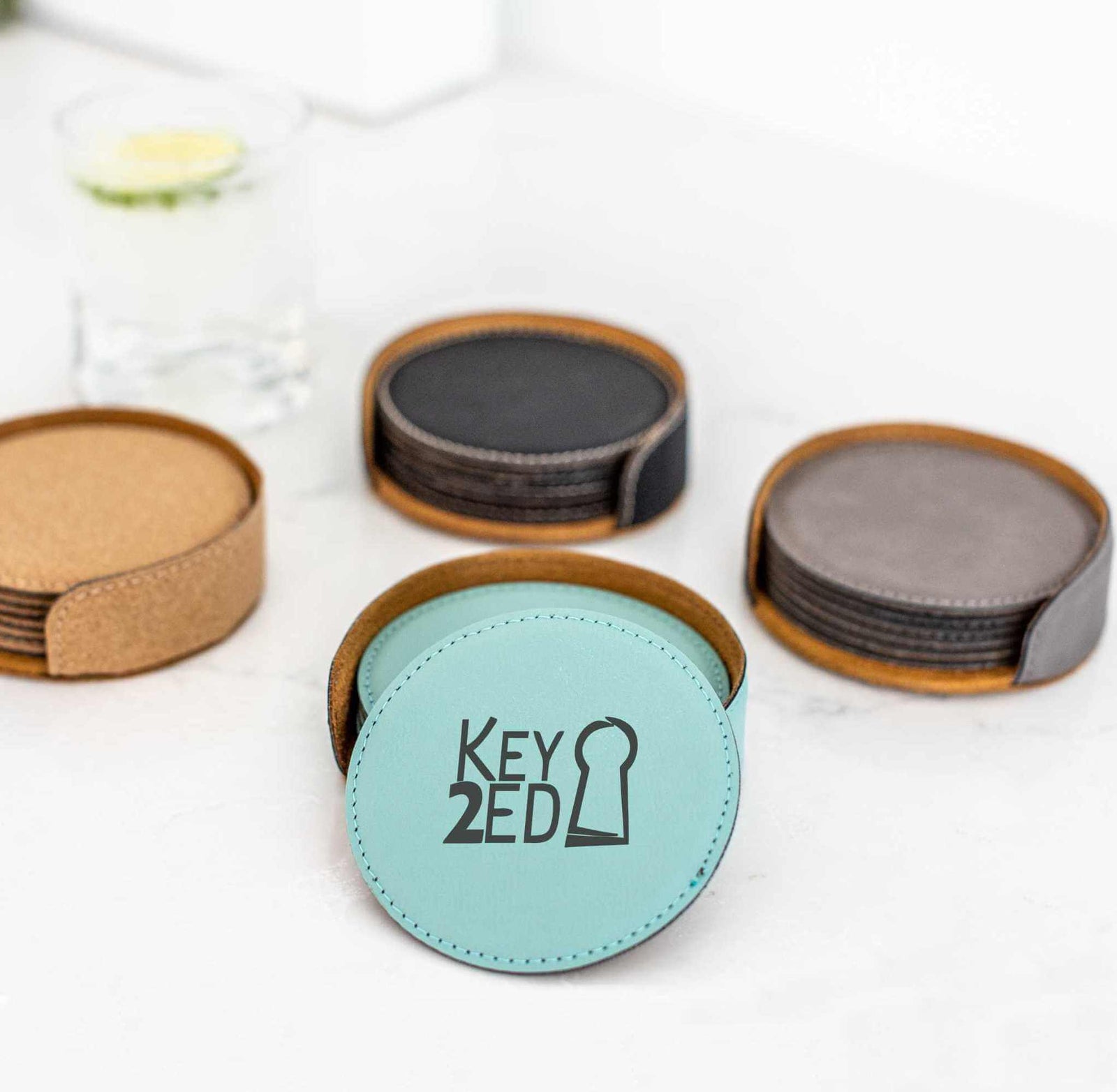Business Logo Round Vegan Leather Coasters and Holder - set of 6