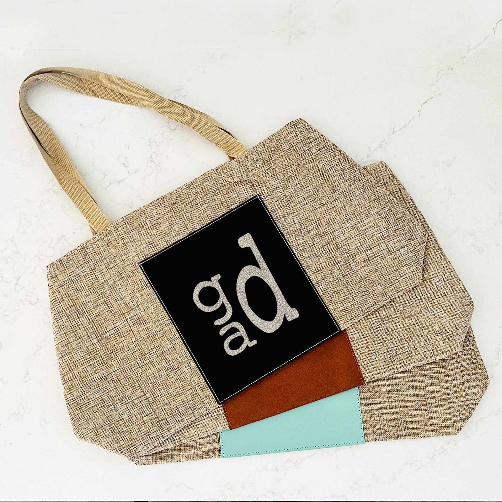 Monogrammed Vegan Leather and Burlap Tote Bag