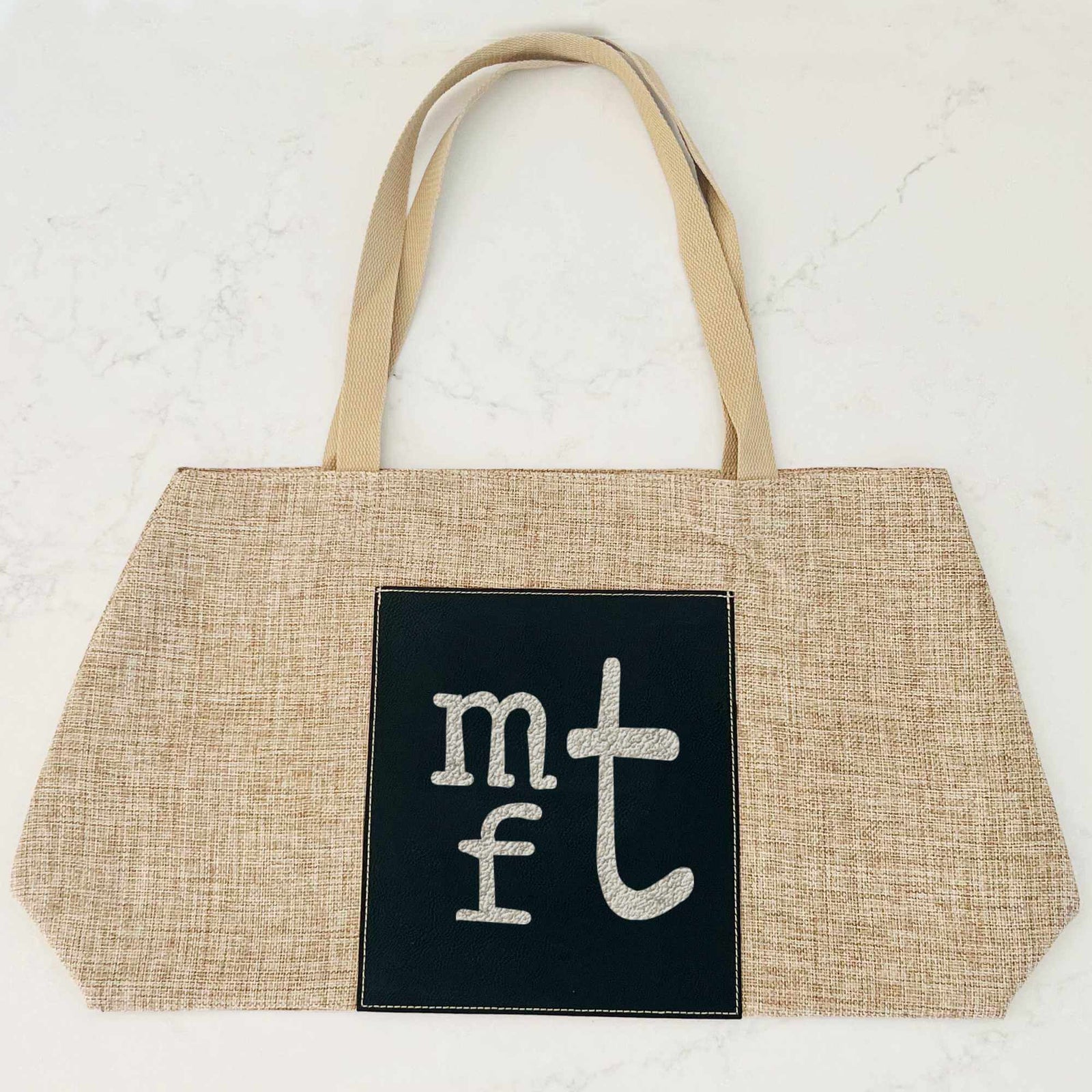 Monogrammed Vegan Leather and Burlap Tote Bag