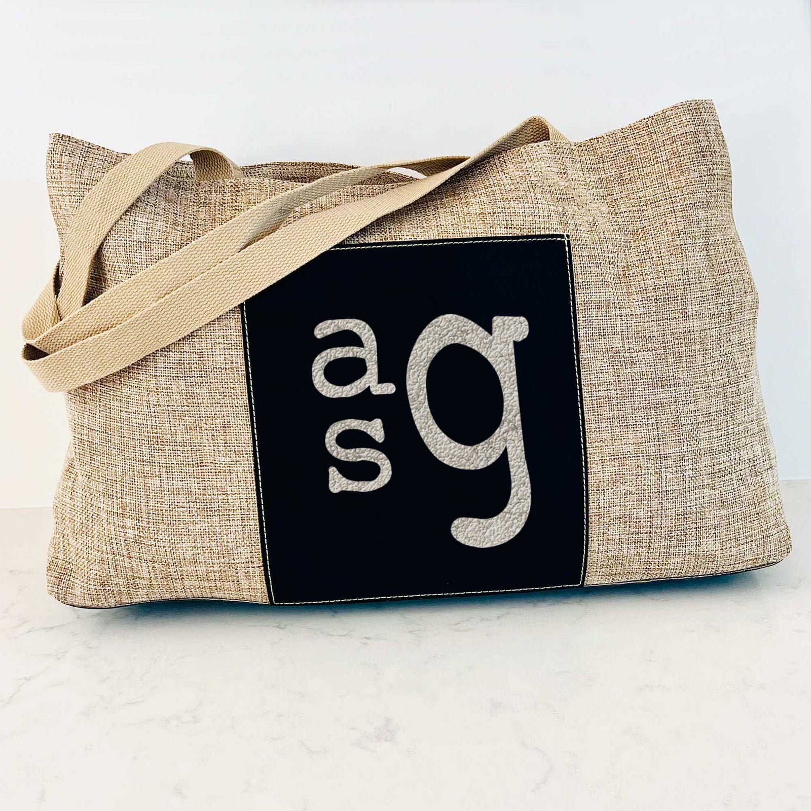 Monogrammed Vegan Leather and Burlap Tote Bag