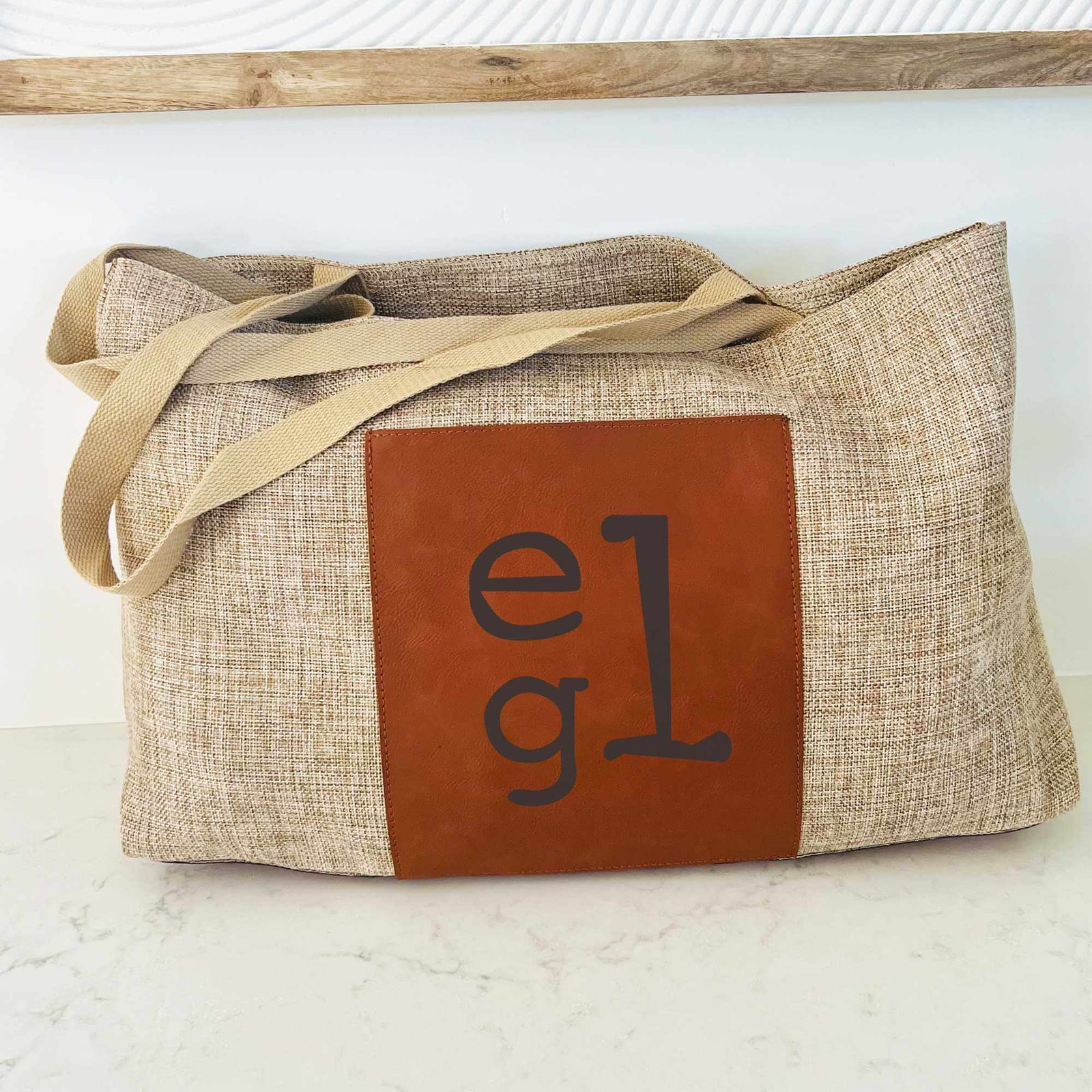 Monogrammed Vegan Leather and Burlap Tote Bag