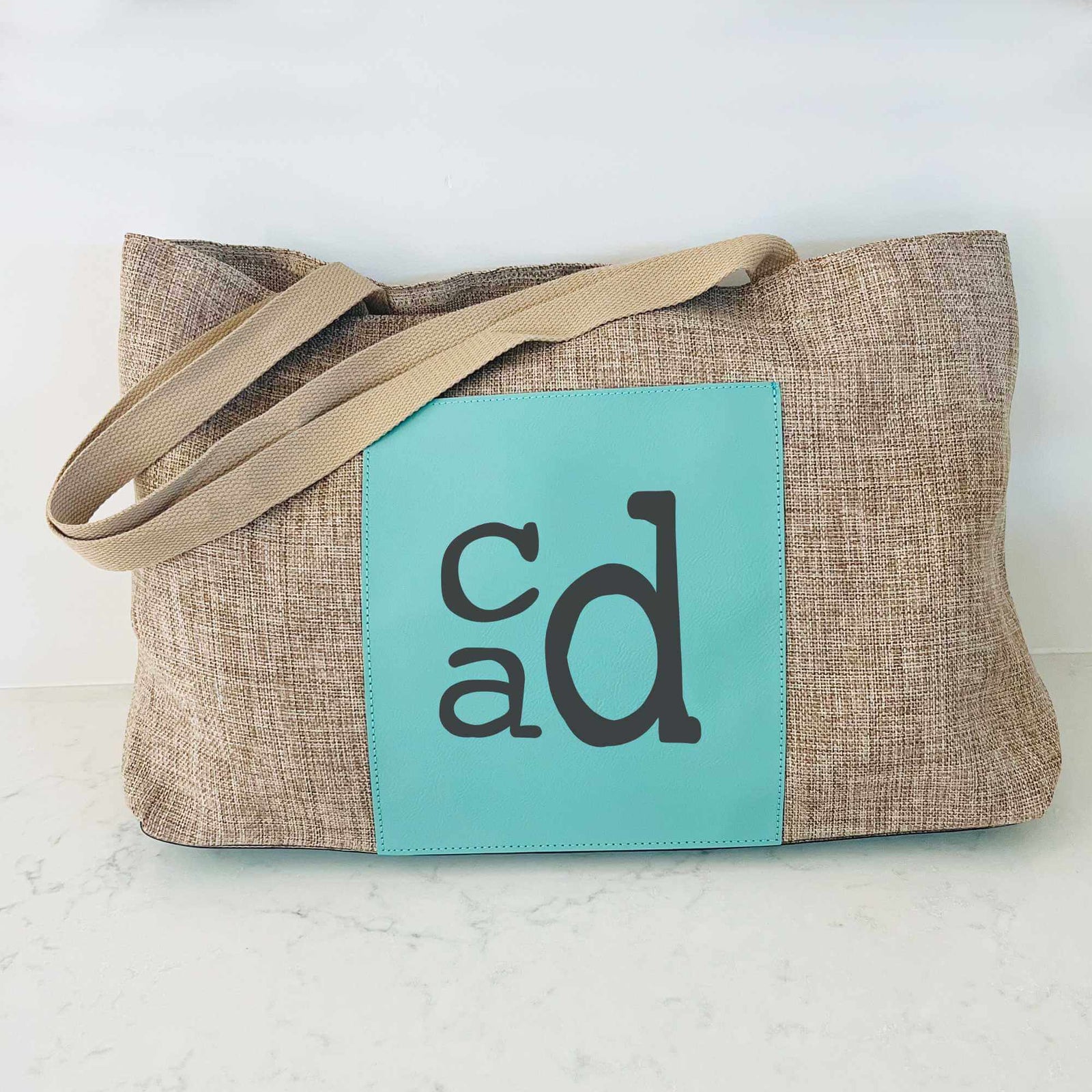 Monogrammed Vegan Leather and Burlap Tote Bag