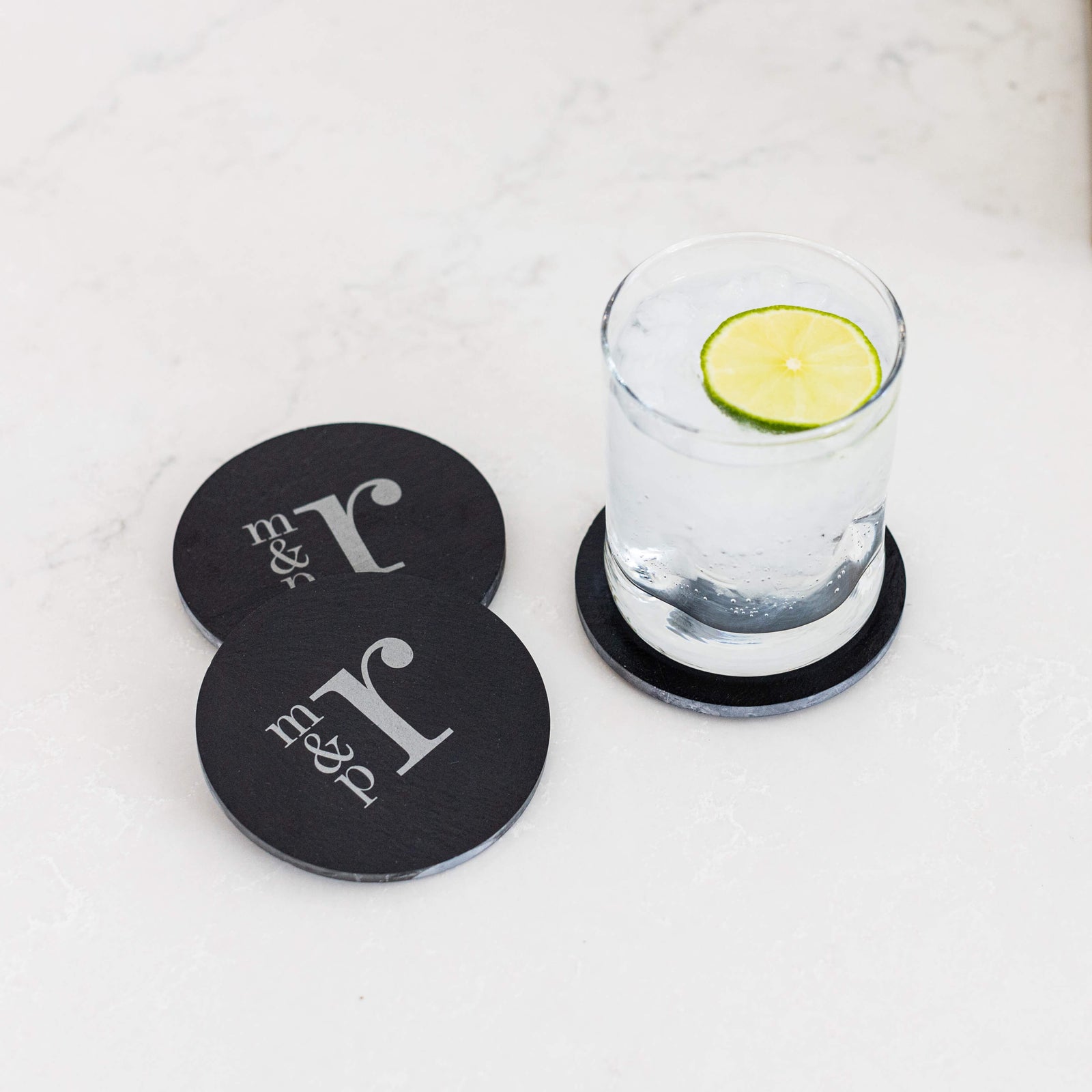 4 Round Slate Coaster SET with Couple's Monogram