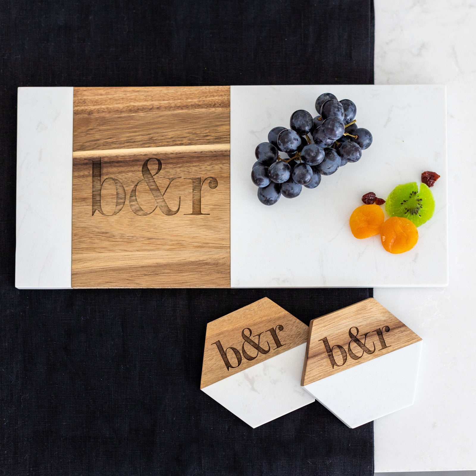 7 x 15 inch Charcuterie Board and Four Hex Coasters - Set