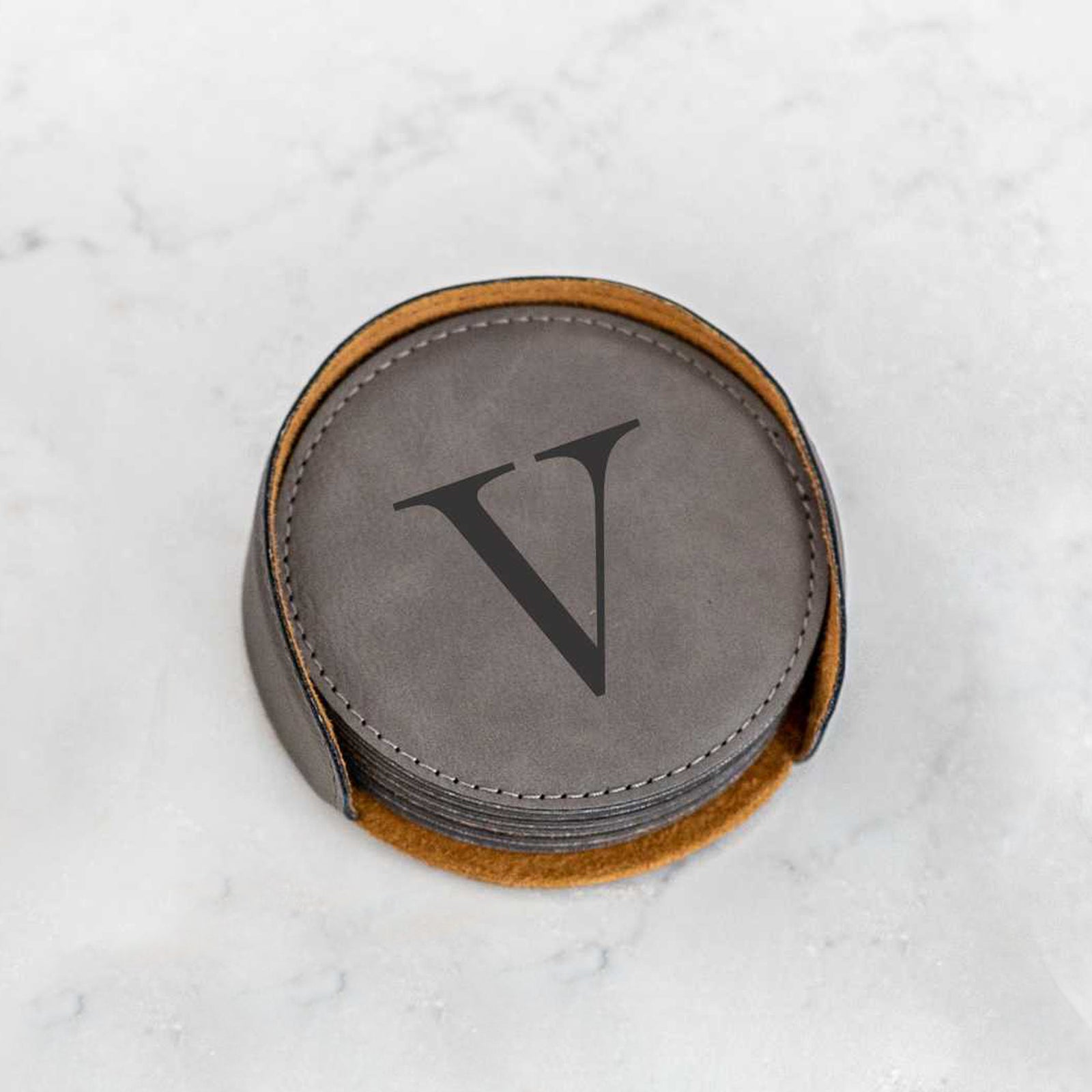 6 Round Vegan Leather Coasters and Holder - Initial