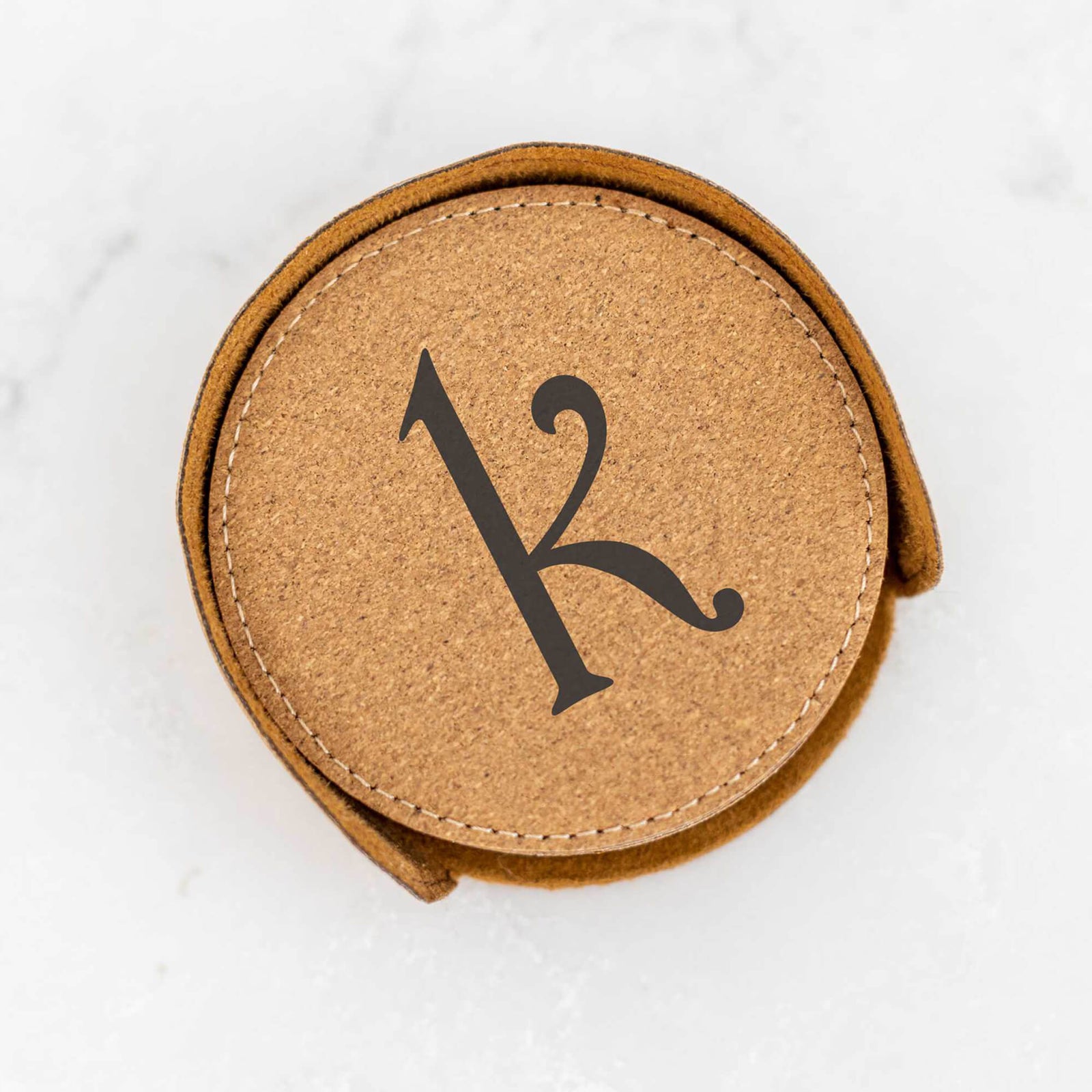 6 Round Vegan Leather Coasters and Holder - Initial
