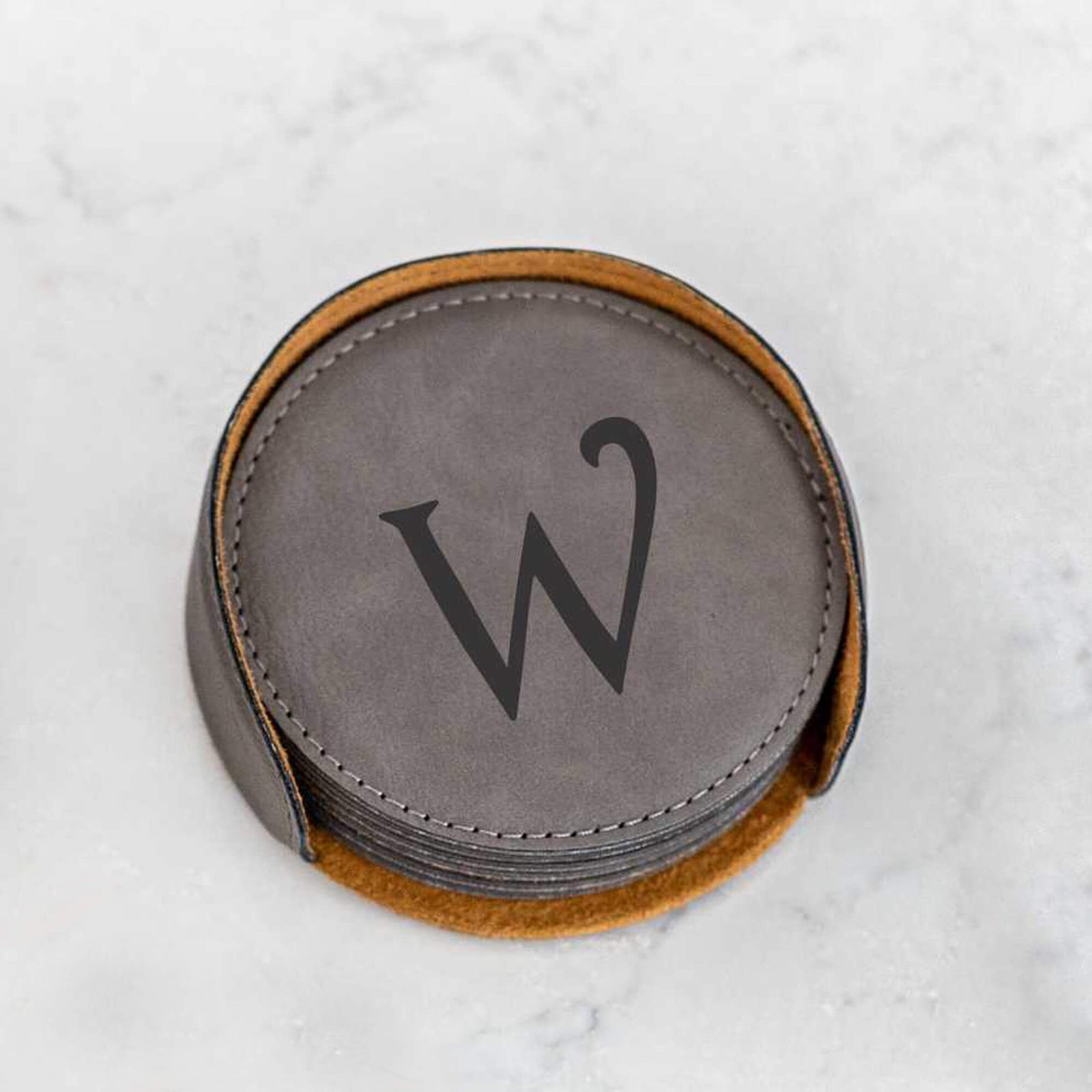 6 Round Vegan Leather Coasters and Holder - Initial
