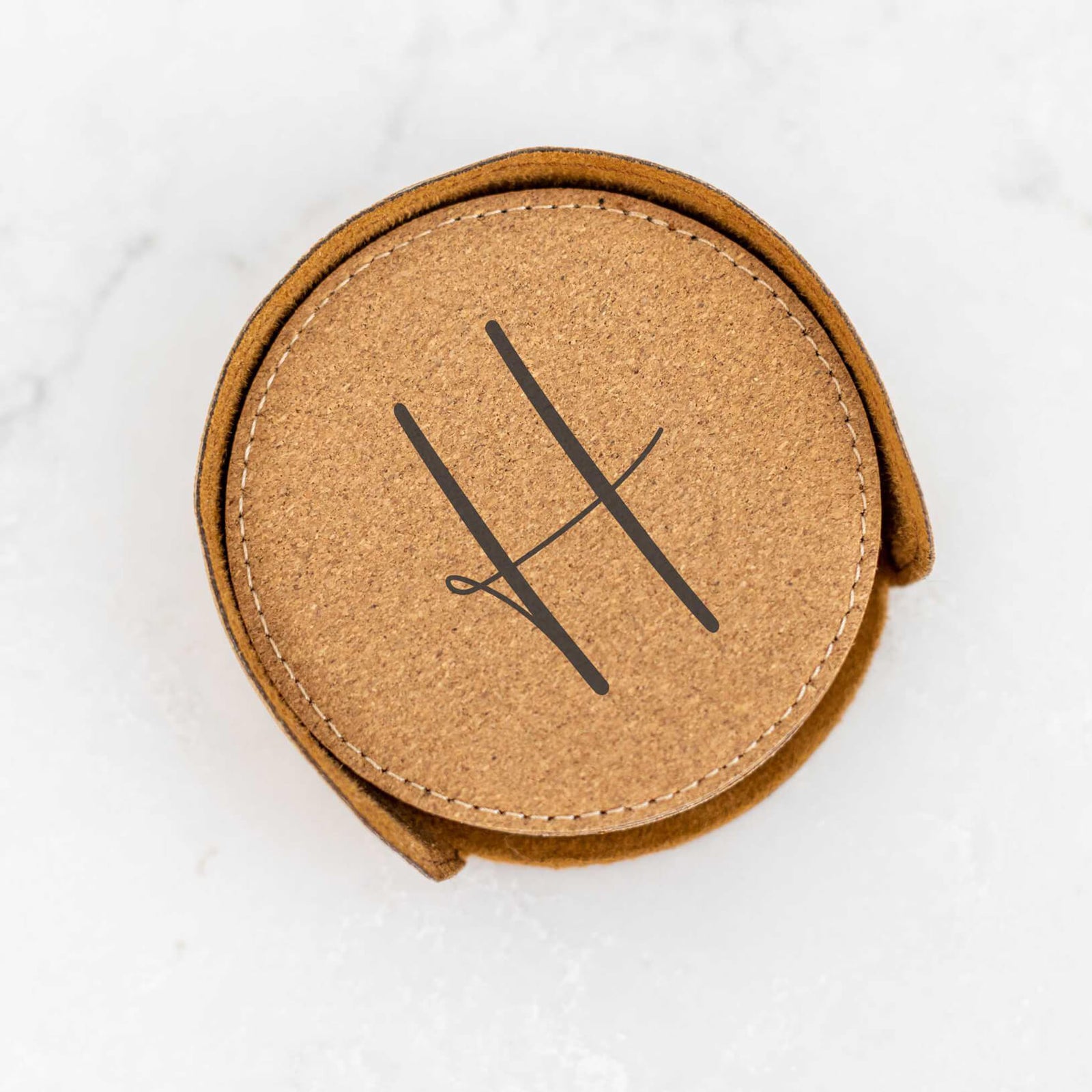 6 Round Vegan Leather Coasters and Holder - Initial