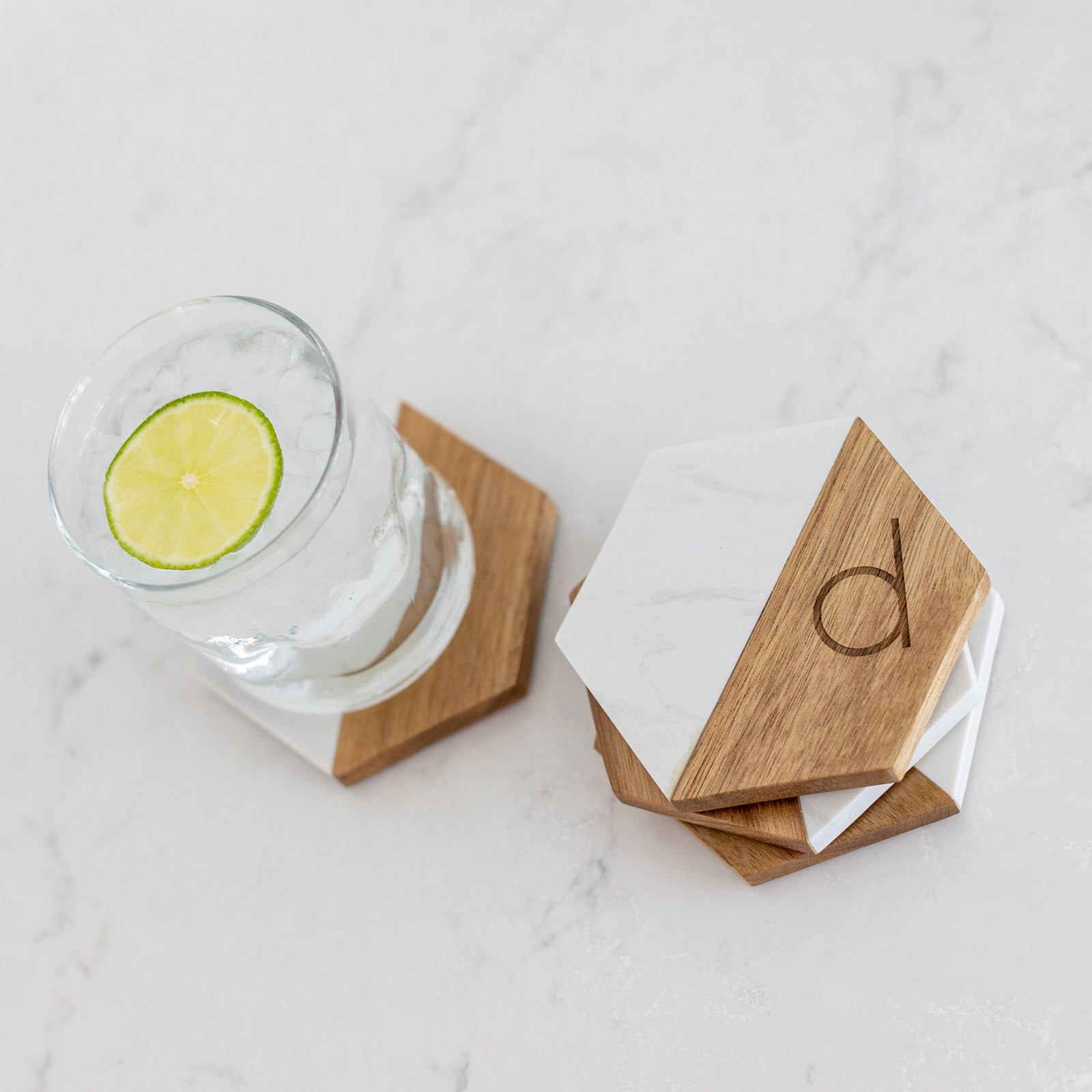 Marble and Acacia Wood Coasters with Initial - Set of 4 - Hex