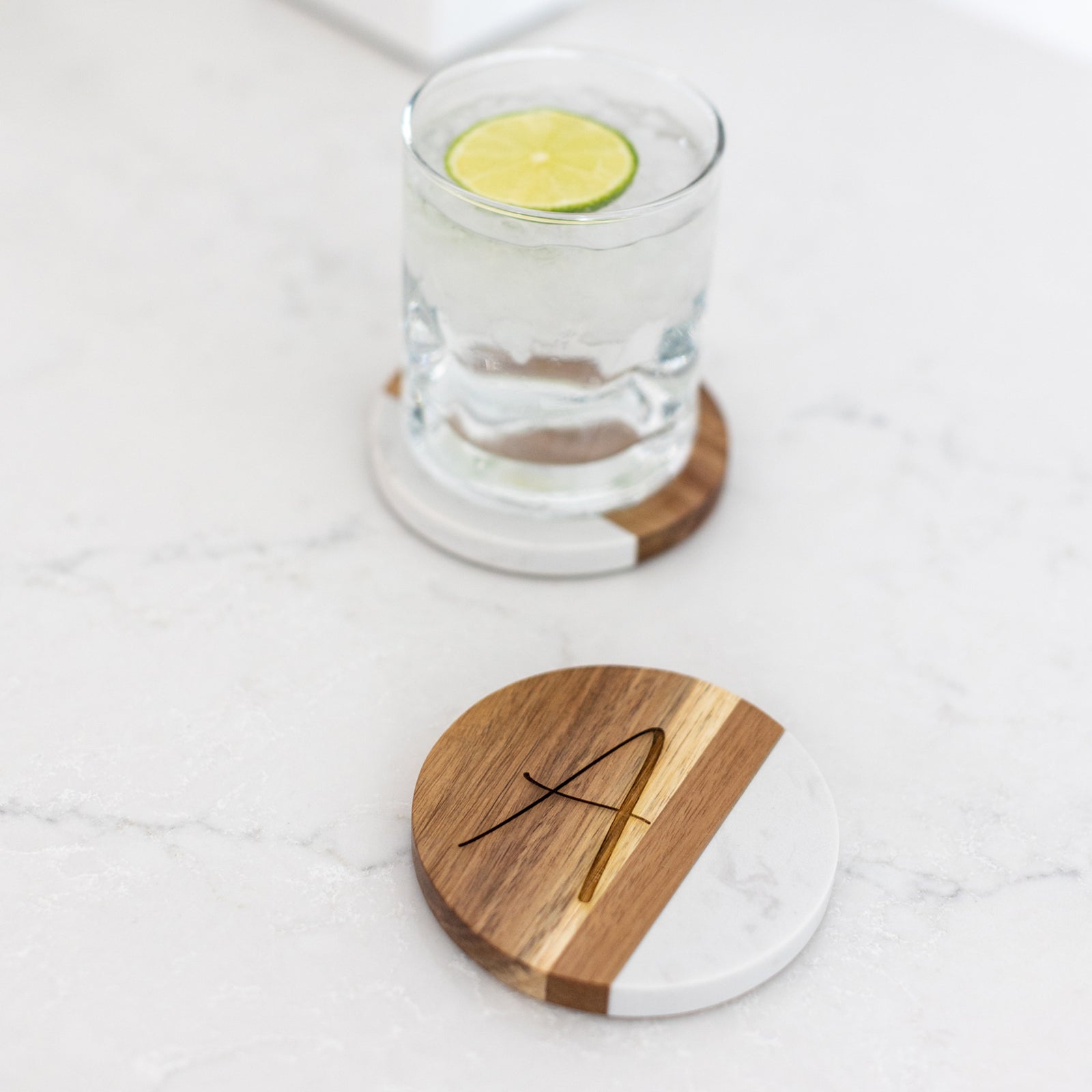 Marble and Acacia Wood Coasters with Initial - Set of 4 - Round
