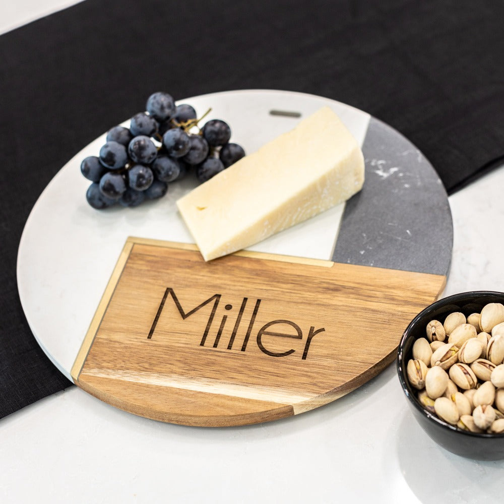 Circular Marble and Acacia Charcuterie Board with Name - 12 inch