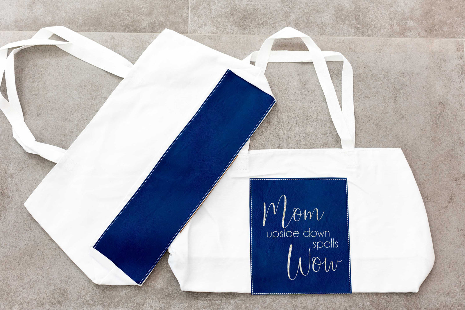 Vegan Leather and Canvas Tote Bag - Mom Upside Down Spells Wow