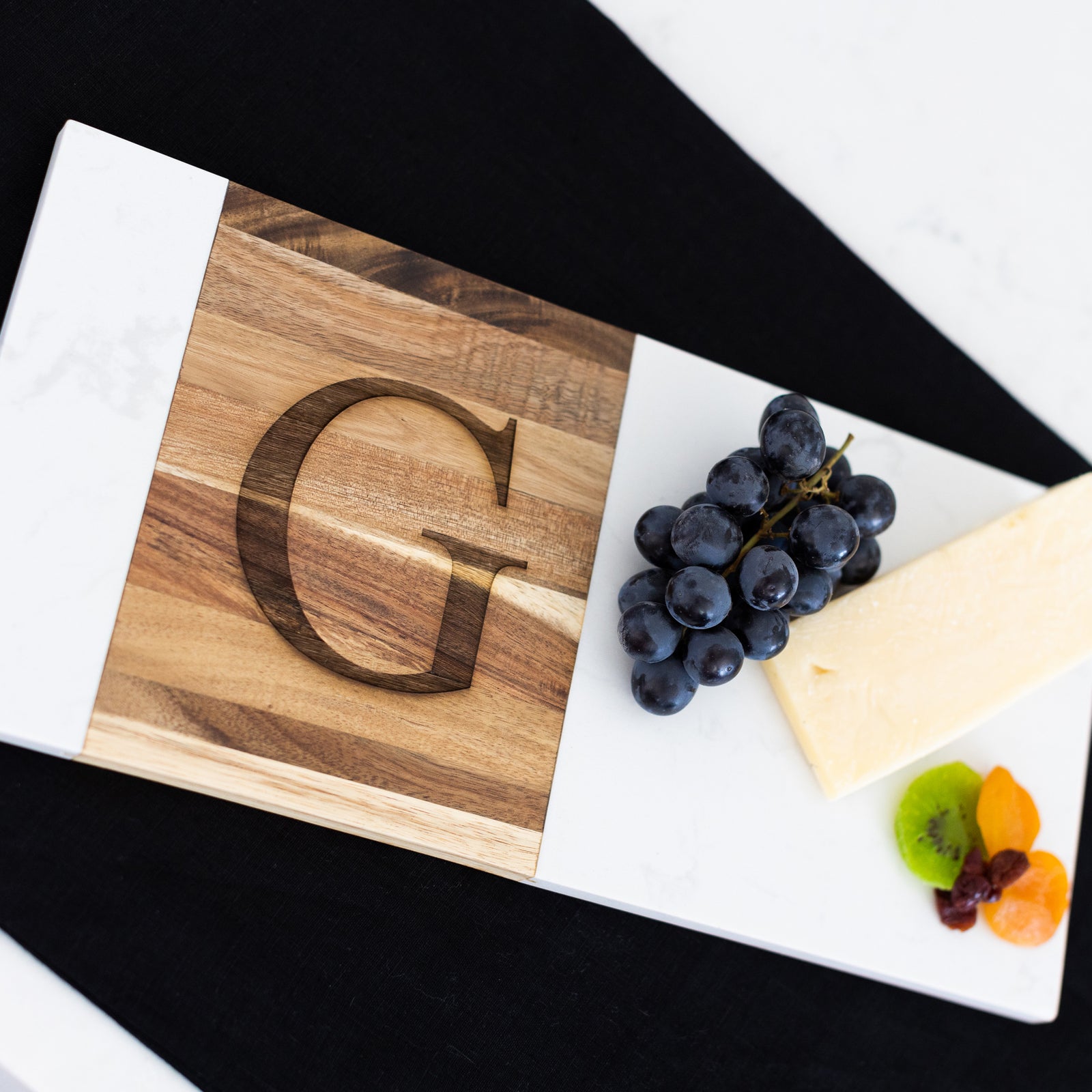 Modern Couple's 7 x 15 inch Charcuterie Board and Four Round Coasters - SET