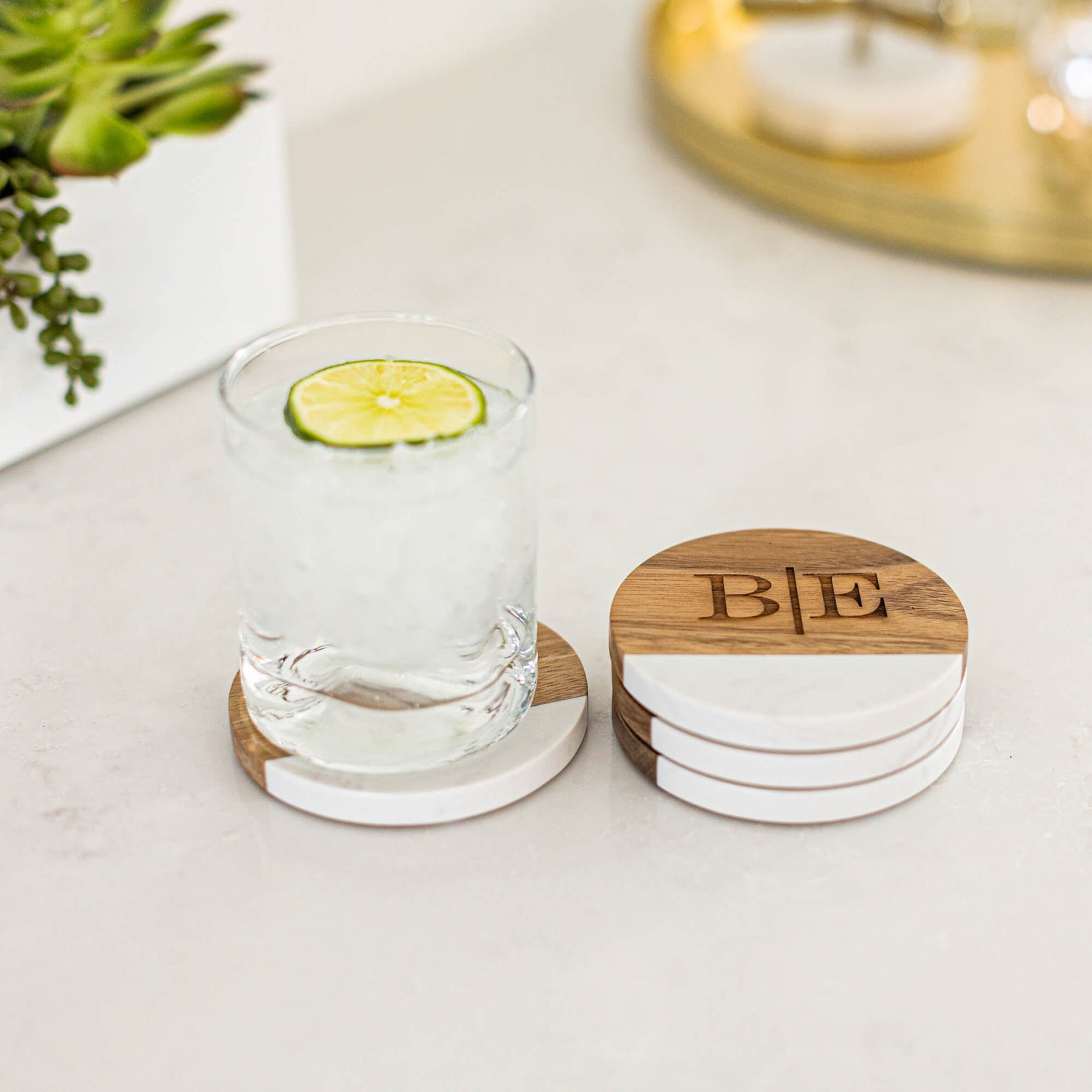 Couple's Initials Coaster Set - 4 Round - Marble and Acacia Wood