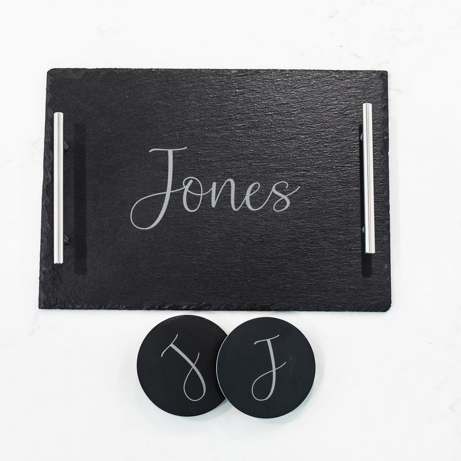 Personalized Slate Charcuterie Board and 4 Coaster Set