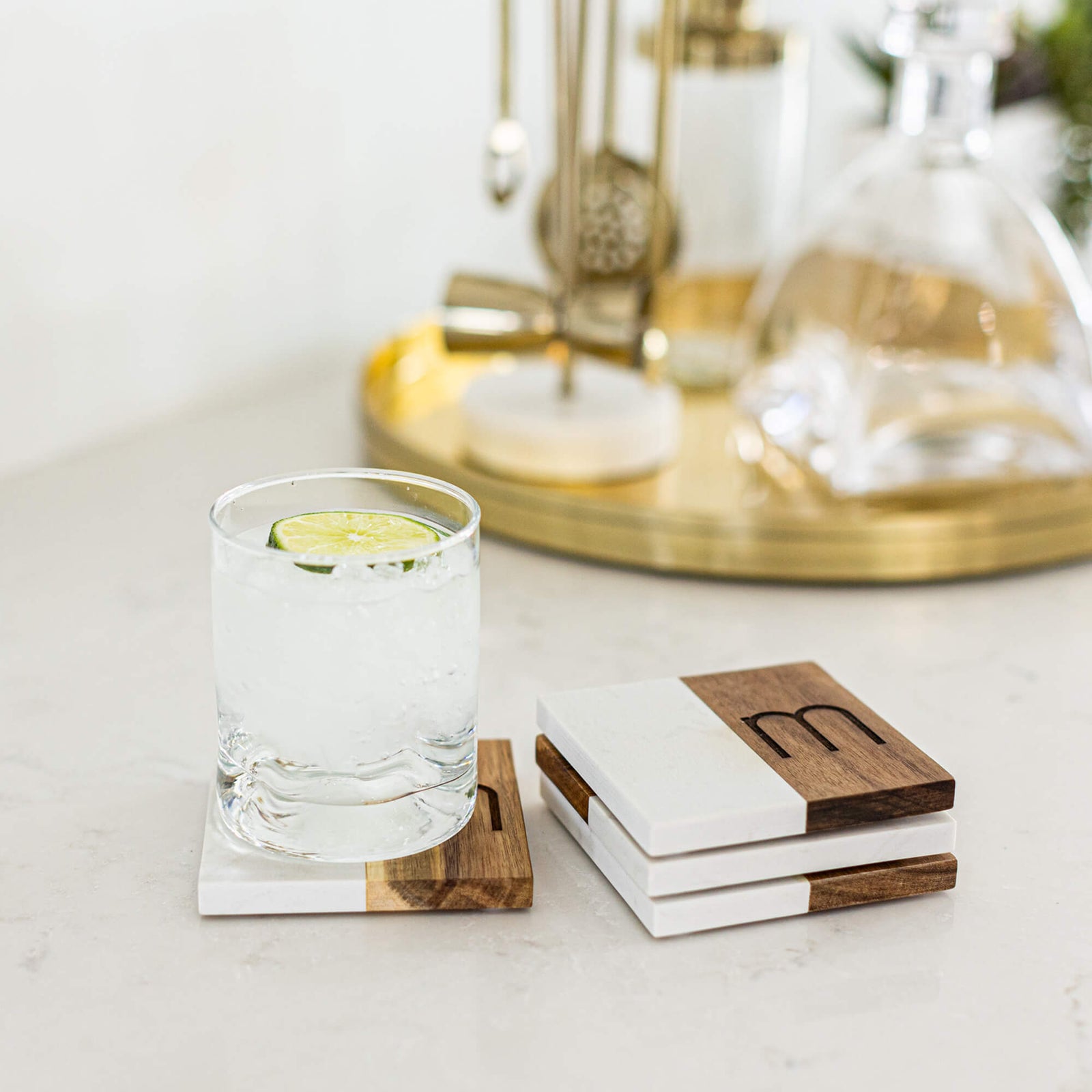 Square Marble and Acacia Wood Coasters with Initial - Set of 4