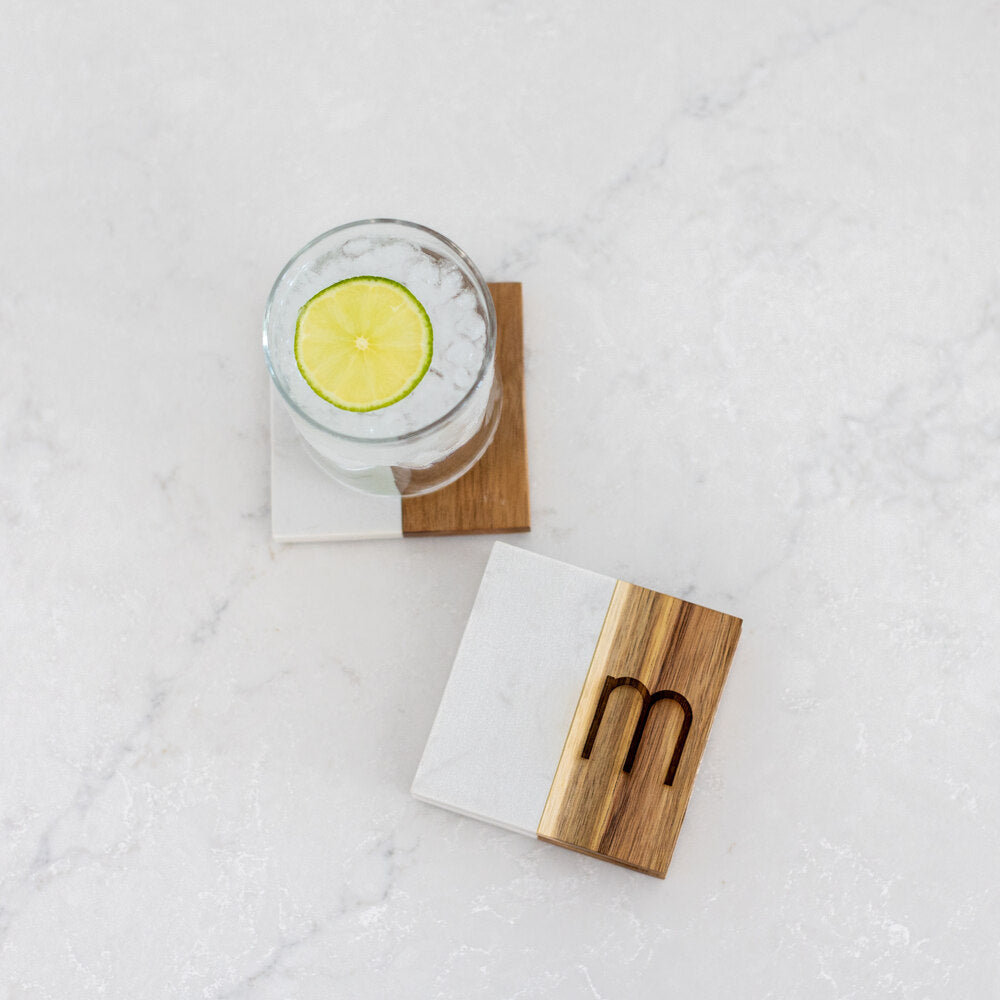 Square Marble and Acacia Wood Coasters with Initial - Set of 4