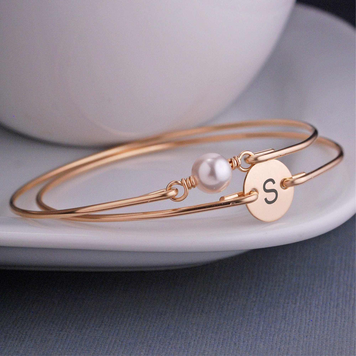 Gold Swarovski Pearl and Gold Initial Bracelet Set