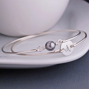 Grey Swarovski Pearl and Initial Bracelet Set - Silver