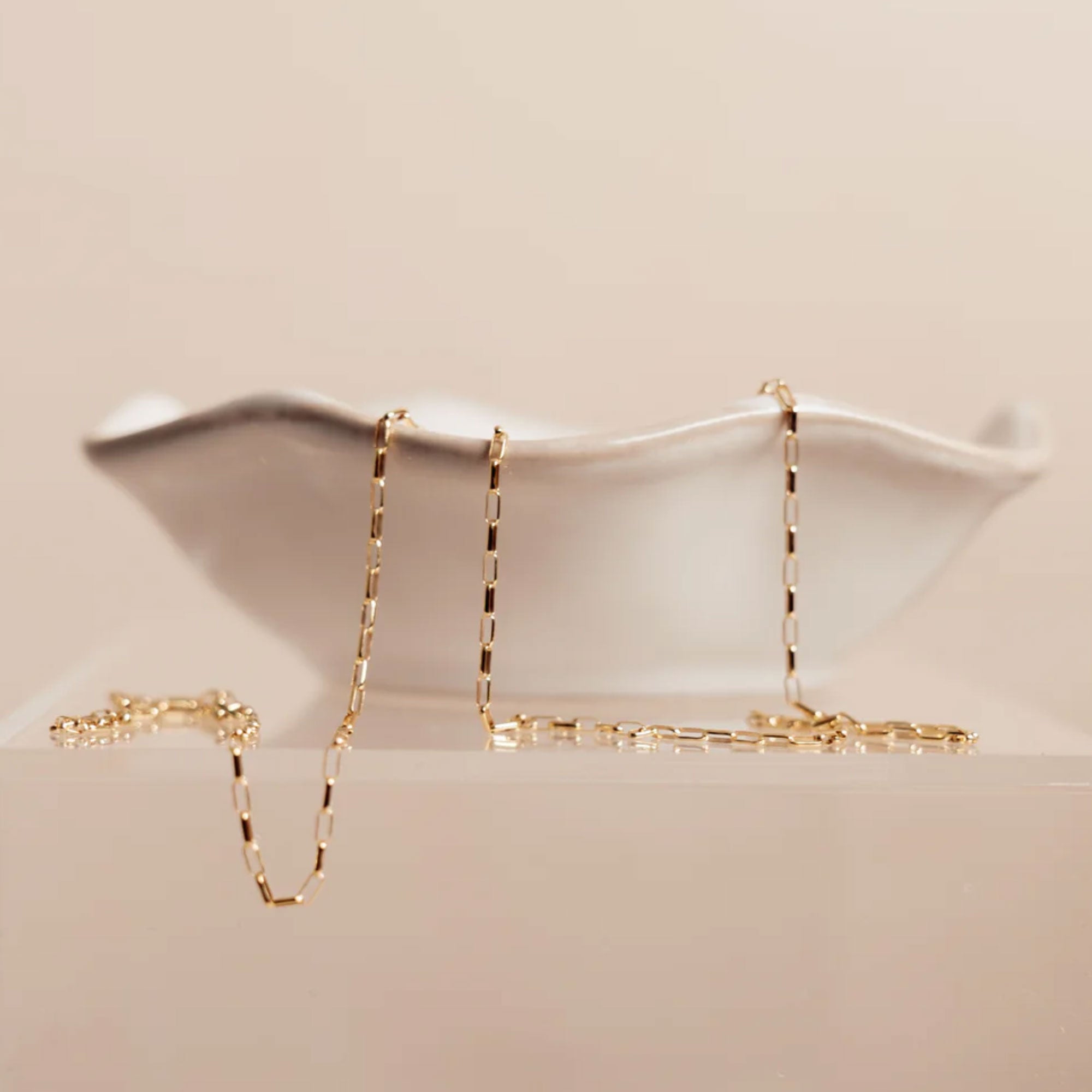Gold chain necklace on a white stand against a beige background