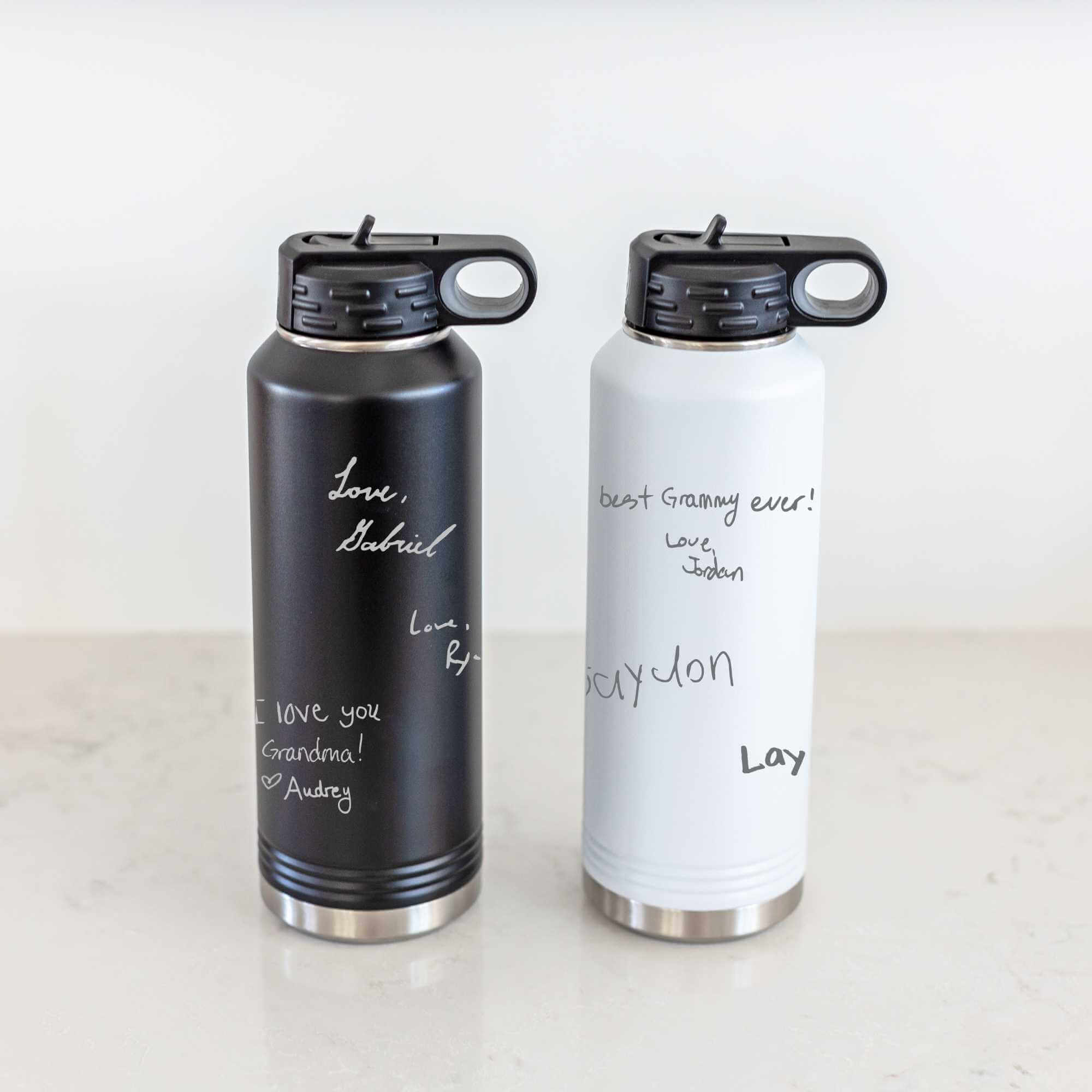 DELUXE 40 oz Insulated Steel Water Bottle Engraved with Handwriting
