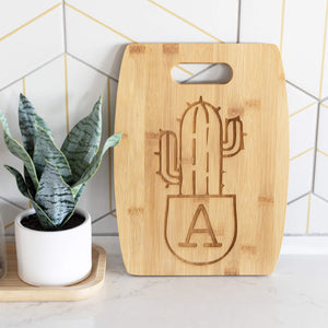 Bamboo Charcuterie Board with Initial in Succulent Pot - 9 x 12 inches