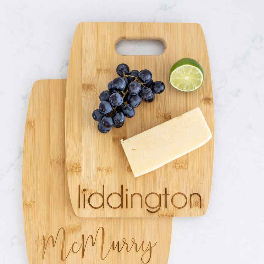 bamboo cutting board engraved with last name